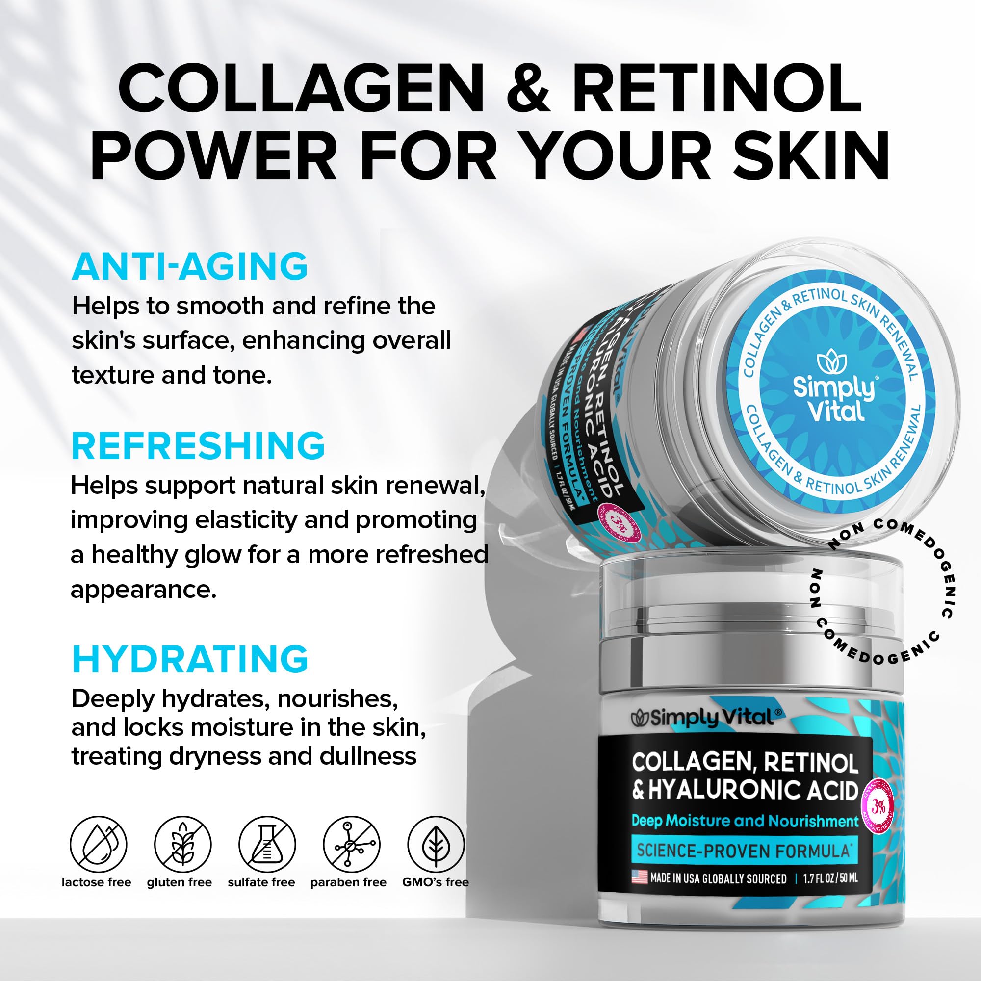 Anti-Aging Face Moisturizer with Retinol, Collagen & Hyaluronic Acid - Made in USA