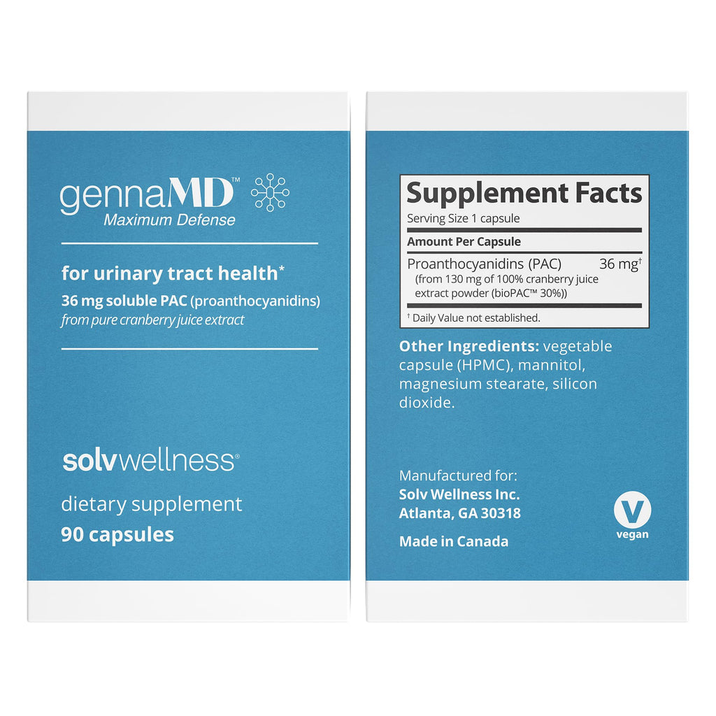 Solv Wellness GennaMD - Maximum UTI Defense - 36 mg Soluble PAC from 100% Cranberry Juice Extract - Highest PAC Concentration in a Small, Easy-to-Swallow Capsule - 90 Capsules Solv WellnessBuy Supplements Australia