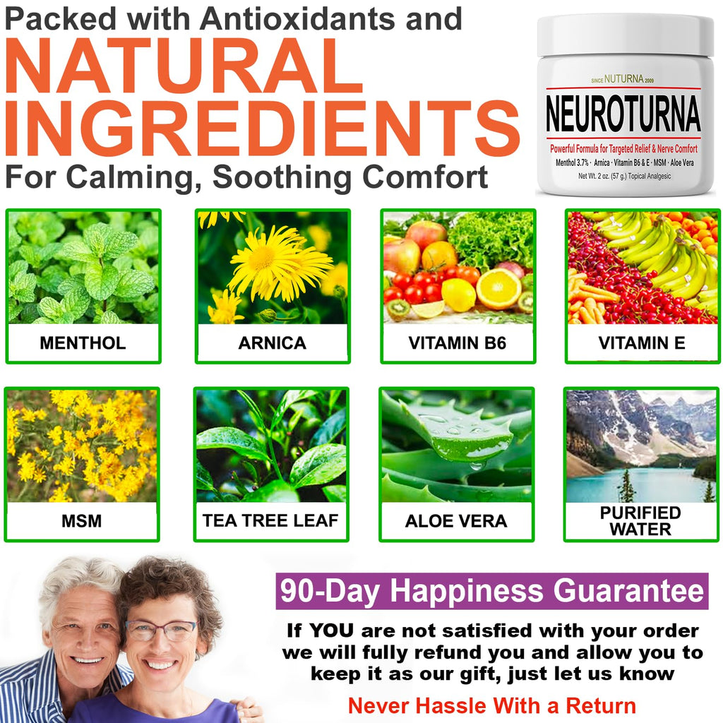 Nuturna Nerve Cream - Fast Acting Comfort for Feet, Hands, Legs & Toes - Ultra Strength Menthol, Arnica, Aloe Vera, MSM - Cooling Soothing Comfort - Non-Greasy, Paraben-Free - 4 oz NuturnaBuy Supplements Australia