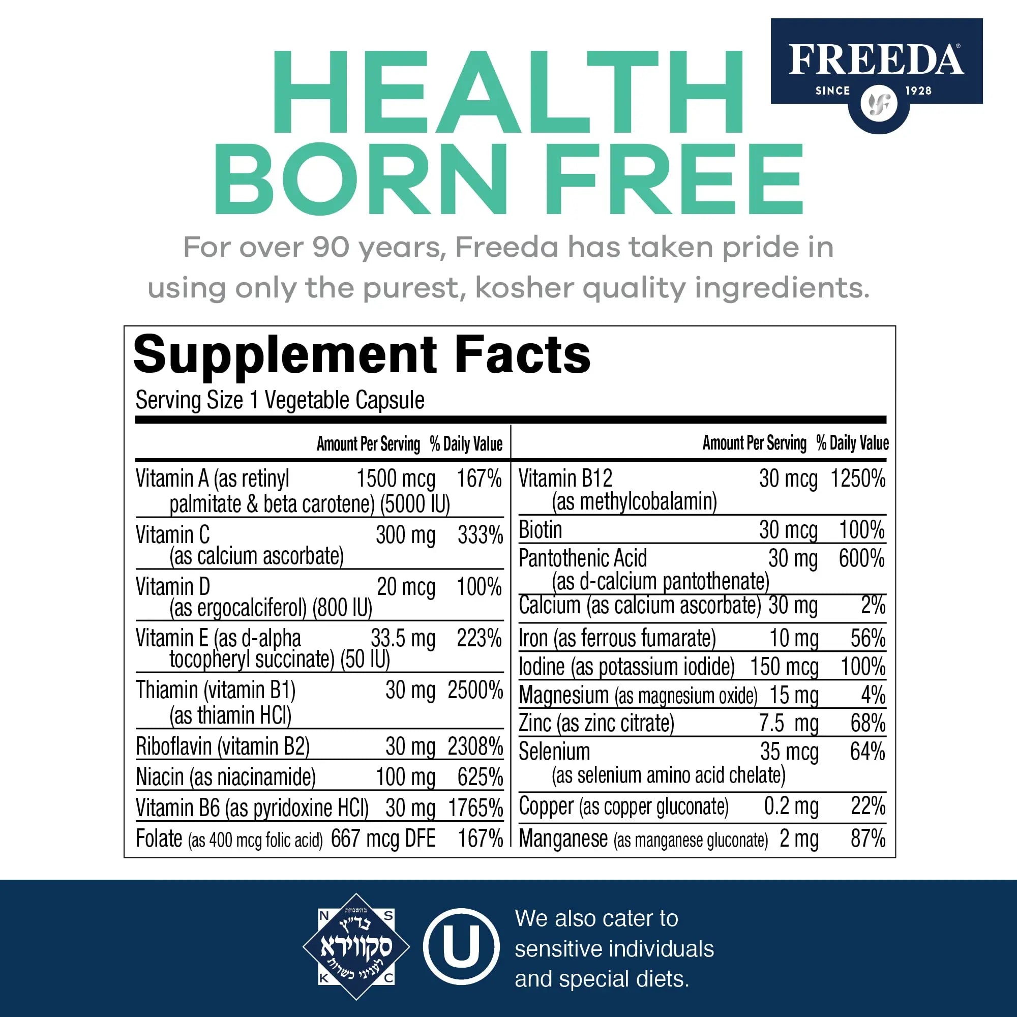 FREEDA Multivitamin One Daily – Quintabs-M with Iron – Kosher Multi Vitamins Supplements for Women Health - Multivitamins for Women & Iron FREEDA