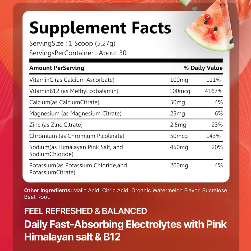 Rosabella Electrolyte Drink Powder – Watermelon – Sugar-Free Hydration Drink Mix – Electrolytes Powder with Sodium, Potassium, Magnesium, Calcium
