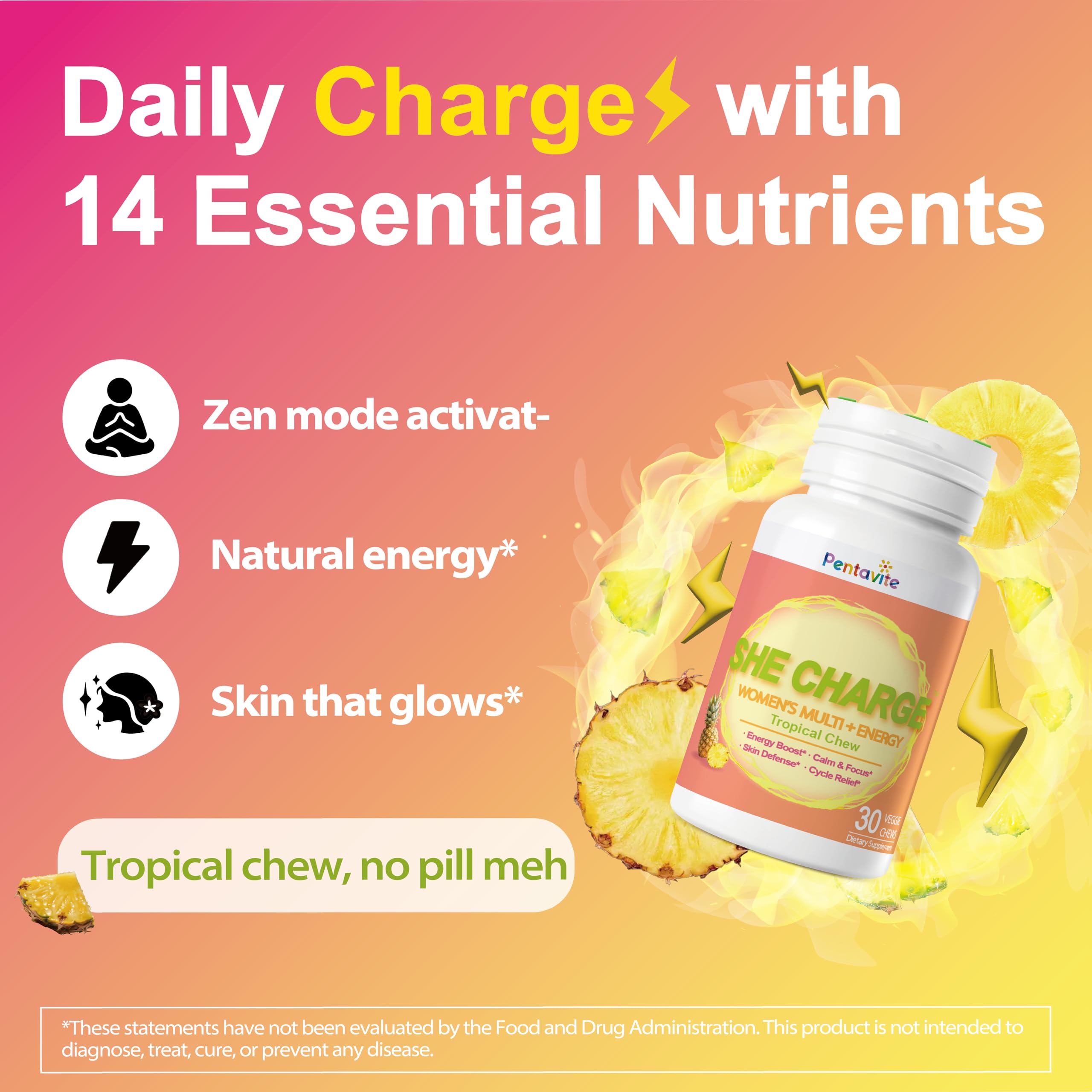 Pentavite She Charge Multivitamin for Women, Pineapple Tropical Chew, Daily Vitamin Supplements with Folate, Support Energy, Calm & Focus, Skin Defense and Cycle PentaviteBuy Supplements Australia