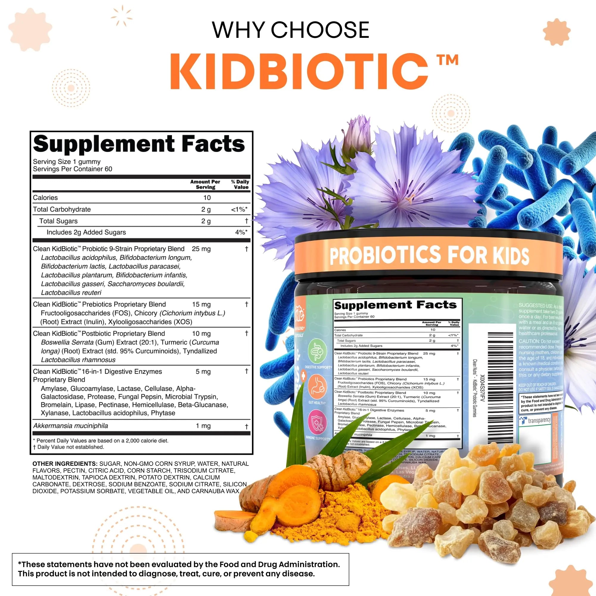 Clean Nutra Kids Probiotics Gummies with Prebiotics, Postbiotics, Digestive Enzymes, Akkermansia, Boswellia Serrata, Turmeric, Chicory – 60 Count – Plant-Based Supplement for Kids – PeachPop Flavor Clean NutraceuticalsBuy Supplements Australia