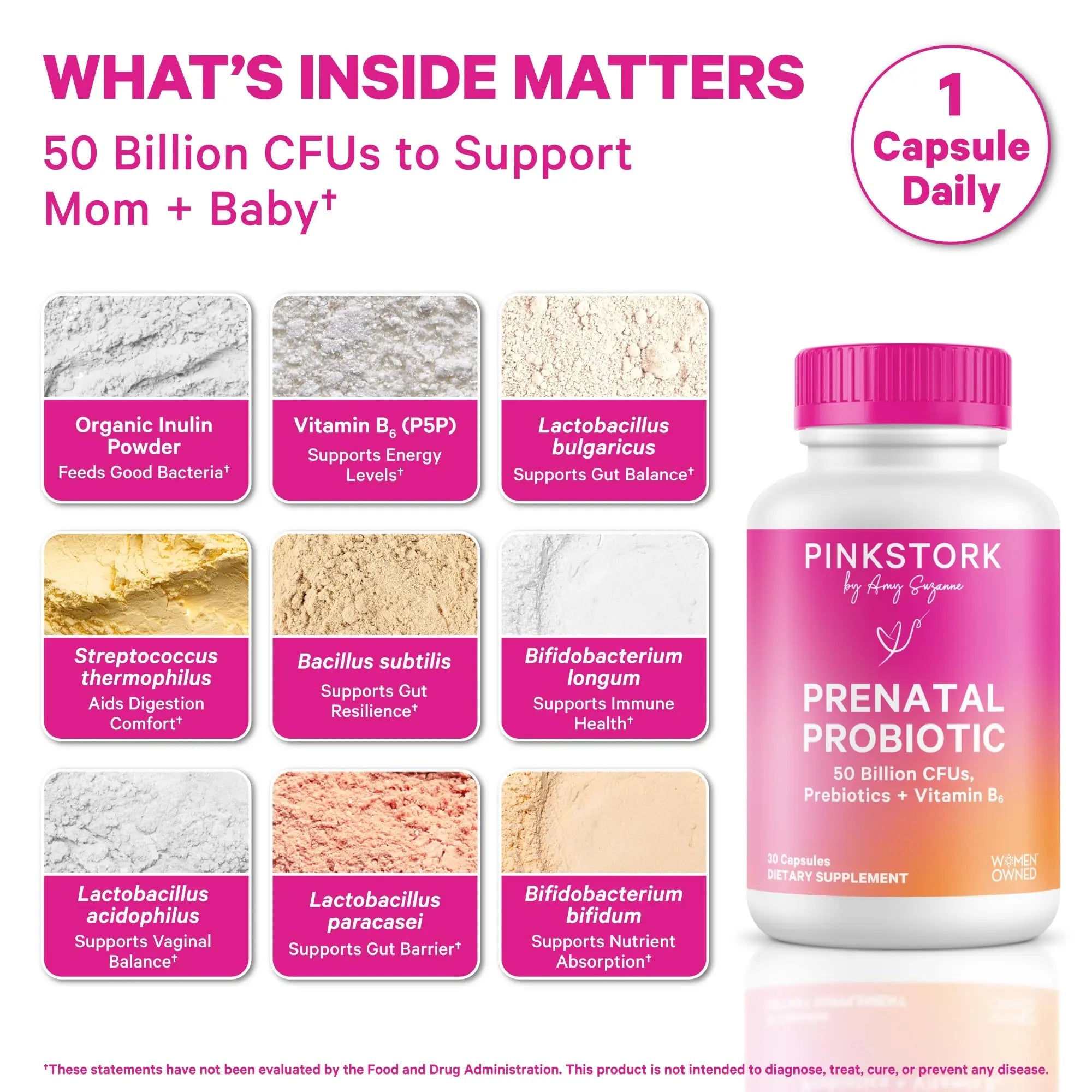 Pink Stork Prenatal Probiotic for Women with 50 Billion CFU | Vitamin B6 & Prebiotics | Pregnancy Probiotics for Morning Sickness | Digestive, Immune, & Gut Health | Vegan & Gluten-Free | 30 Capsules Pink Stork buy supplements Au