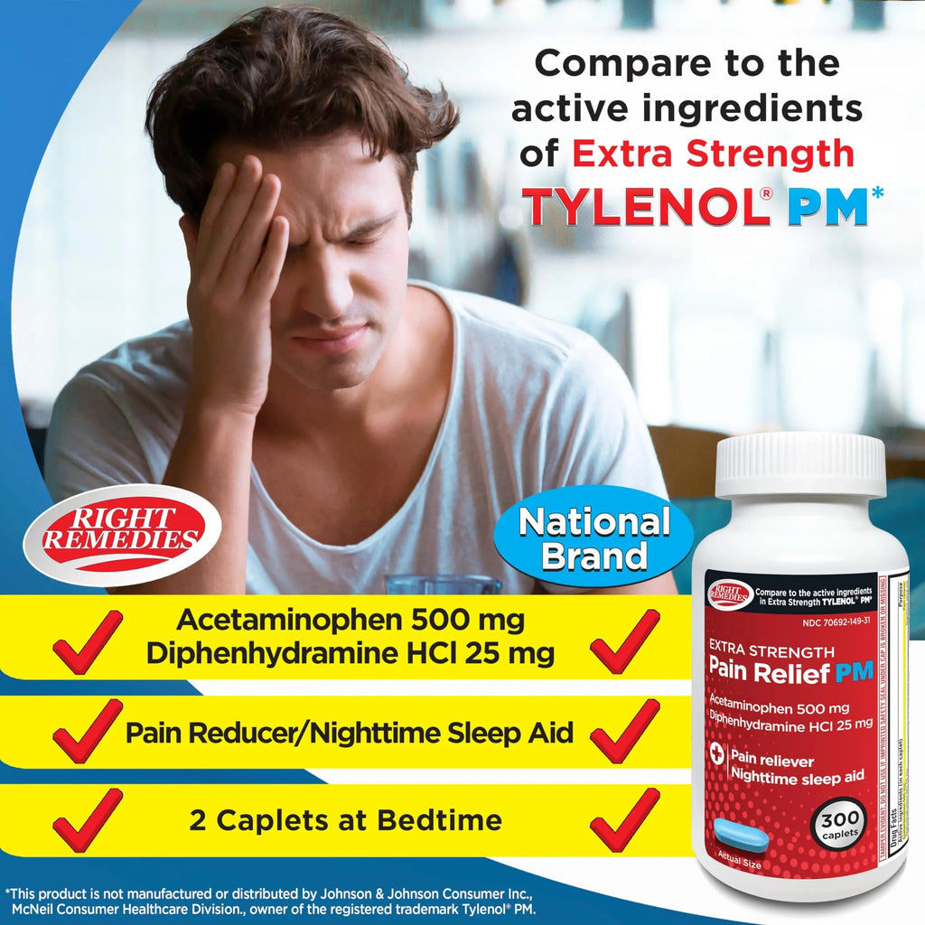 Right Remedies Extra Strength Pain Relief PM & Nighttime Sleep Aid Caplets,(300 count), Acetaminophen 500 mg & Diphenhydramine HCl 25 mg, Non-Habit Forming, Compare to Active ingredients of Tylenol PM RIGHT REMEDIESBuy Supplements Australia