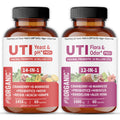 Two bottles of UTI Yeast & pH Pro+ and UTI Flora & Odor Pro+ dietary supplements on a white background.