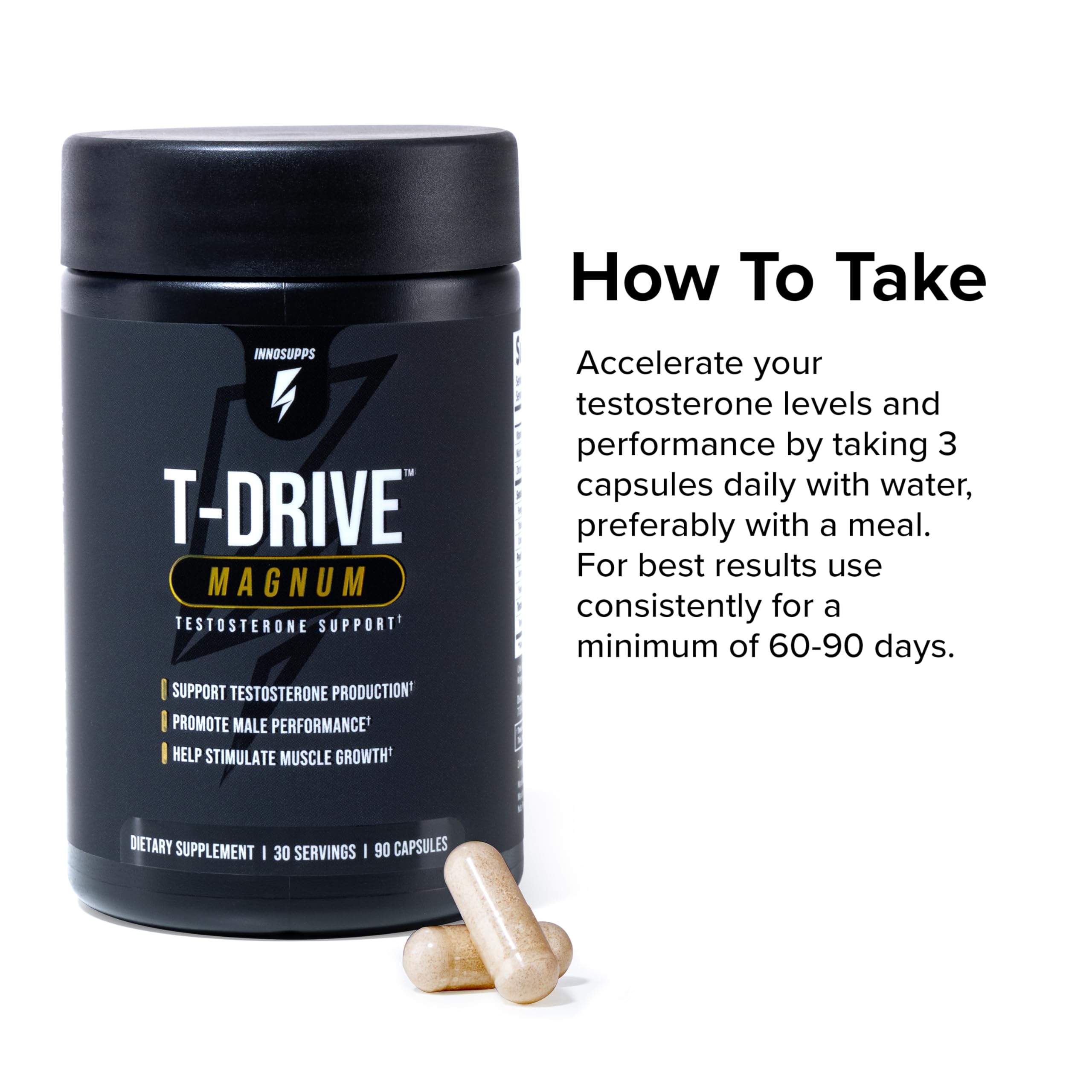 InnoSupps T-Drive Magnum Testosterone Booster Enhance Peak Performance Amplify Muscle Growth, Increase Libido & Energy Levels, Horny Goat Weed Tongkat Ali, Zinc, Fenugreek, Fat Burner 90 Caps/30 Days InnoSuppsBuy Supplements Australia