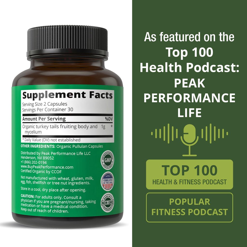 Peak Performance Organic Turkey Tail Capsules - USA Grown Made with Real Turkey Tail Mushroom. Immune System Support Naturally Harvested Mushroom Supplements for Immunity. Vegan Supplement Extract Peak PerformanceBuy Supplements Australia