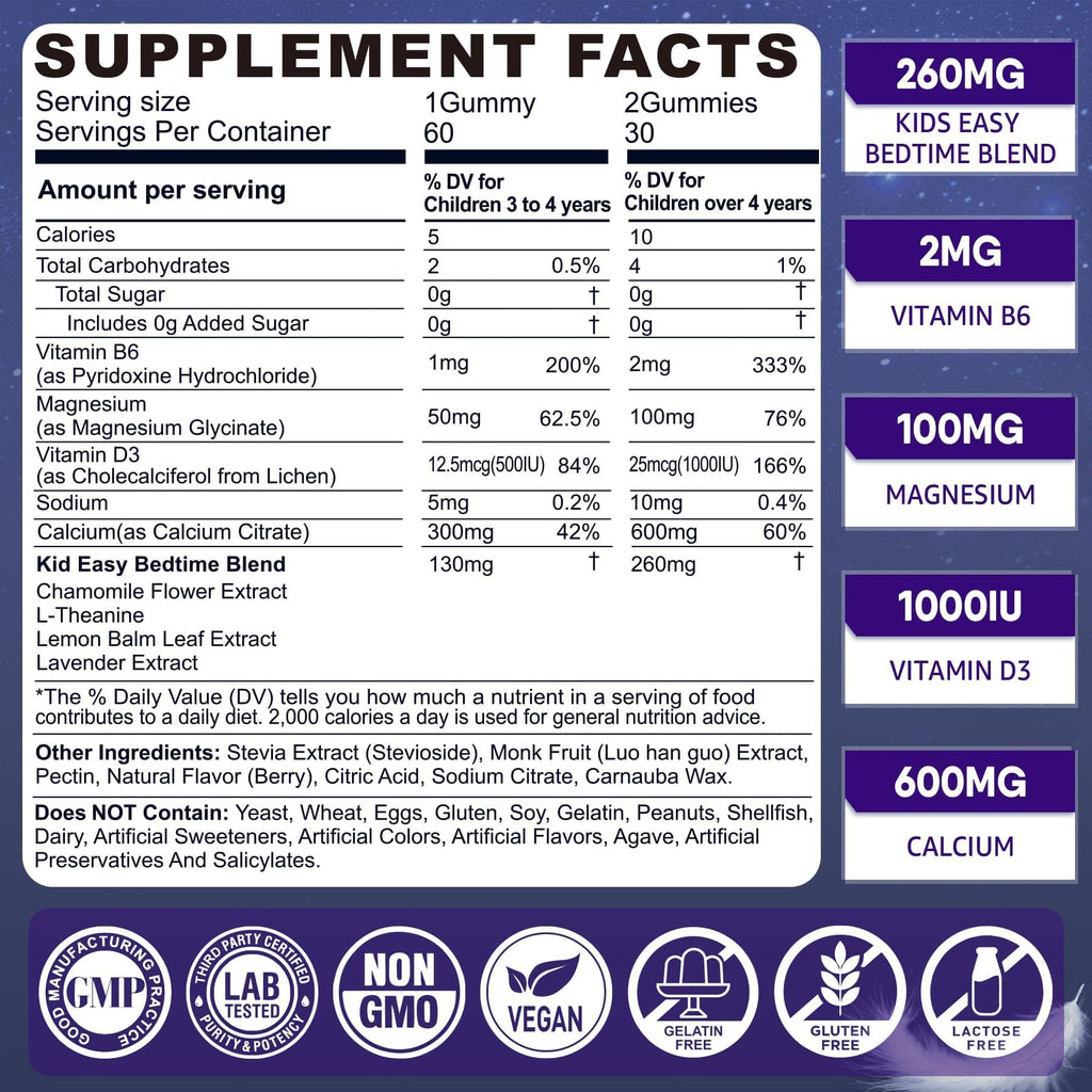 Kids Sleep Gummies - Magnesium Glycinate Gummies, Melatonin Free Sleep Aid | Magnesium, Calcium, D3, B6, L Theanine