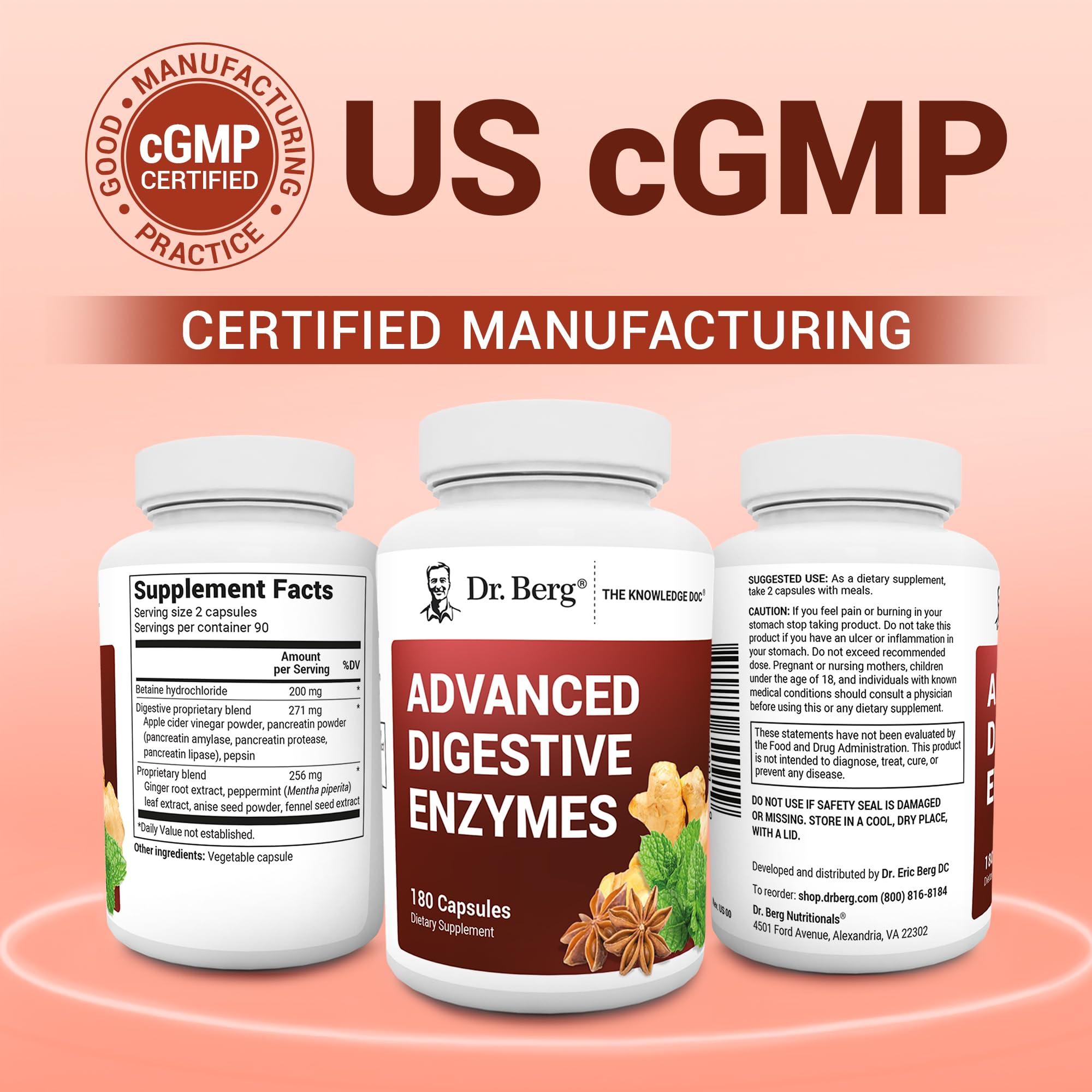 Dr. Berg Advanced Digestive Enzymes with Apple Cider Vinegar - Includes Digestive Health Ingredients Like Betaine Hydrochloride (HCI), Ginger Root & Peppermint Leaf - 180 Capsules Dr. Berg NutritionalsBuy Supplements Australia