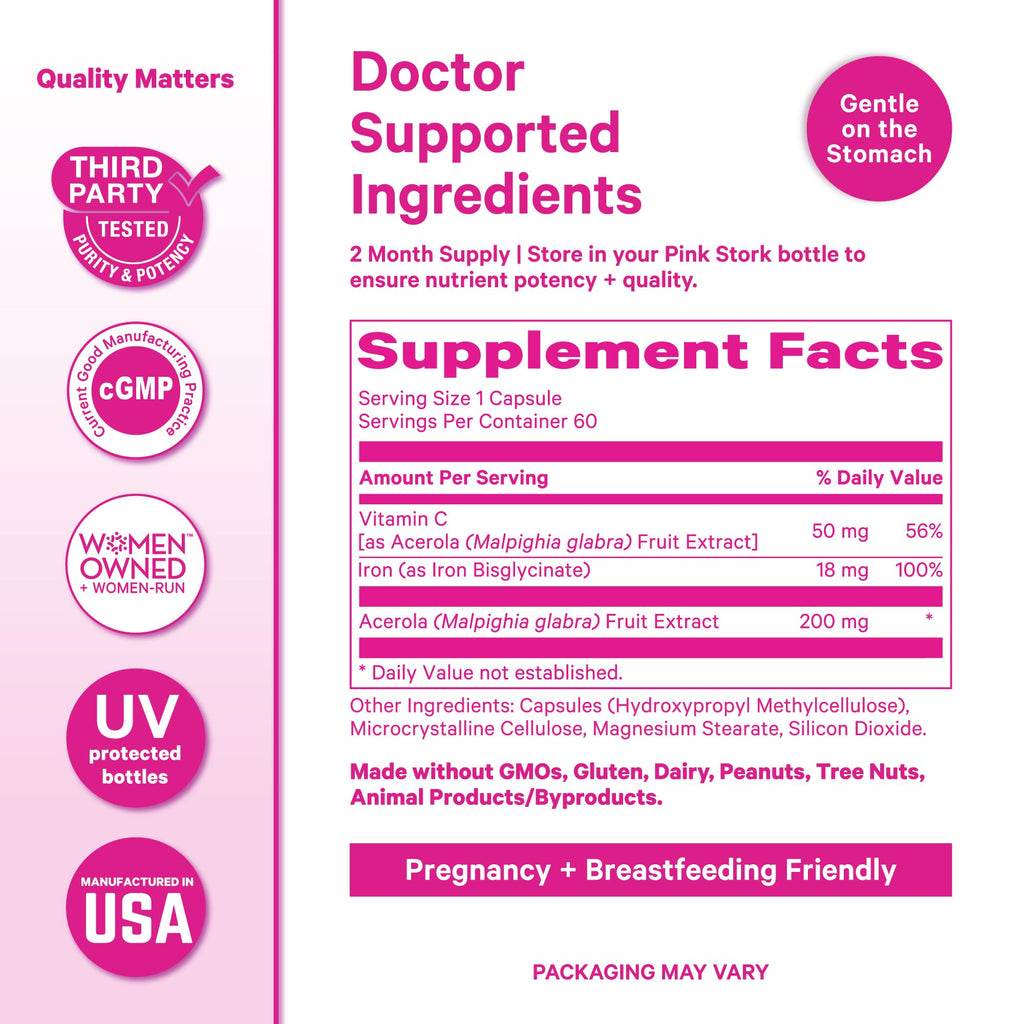 Pink Stork Iron for Women – 18 mg Non-Constipating Iron Bisglycinate + Vitamin C for Optimal Absorption – Energy, Focus, & Oxygen Supply – PMS, Pregnancy, Postpartum & Perimenopause - 60 Capsules Pink StorkBuy Supplements Australia