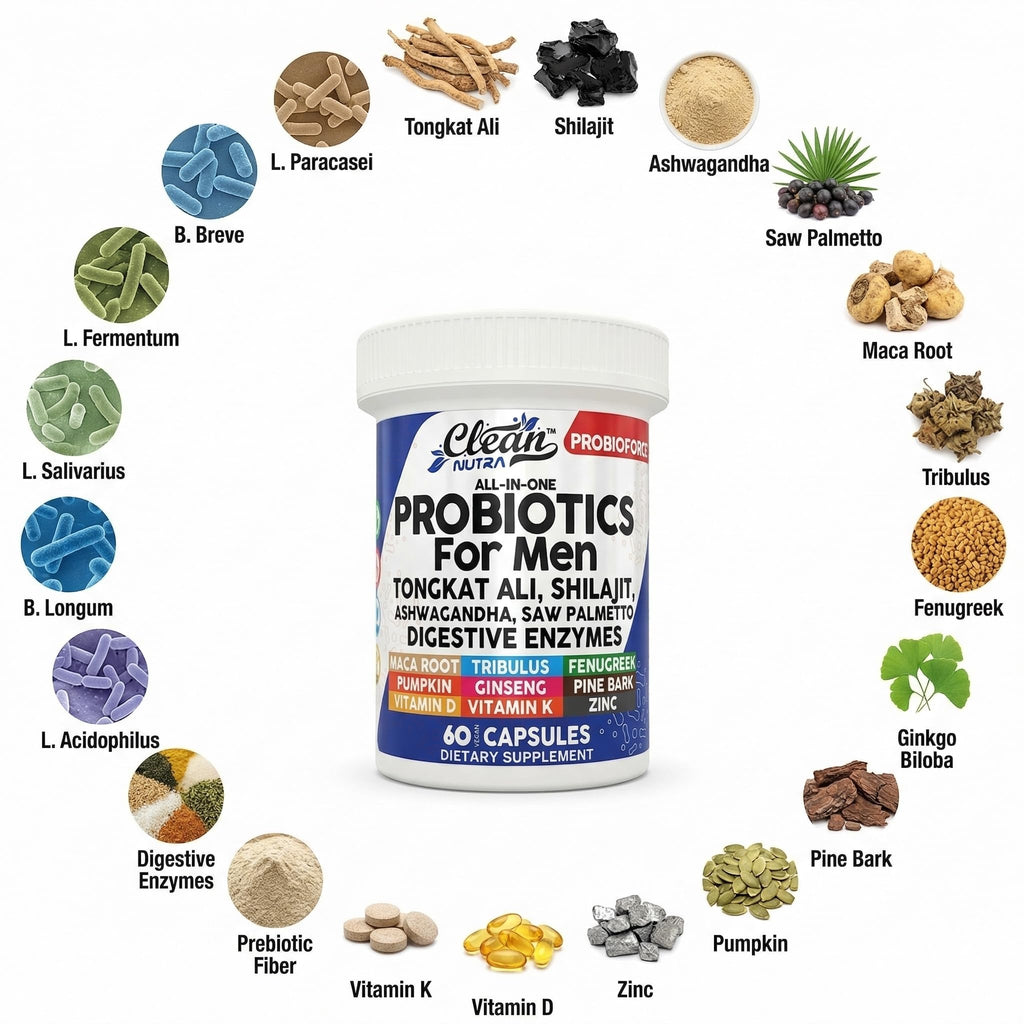 Clean Nutra Probiotics for Men | Tongkat Ali, Saw Palmetto, Tribulus, Ginseng, Ashwagandha, Maca, Pumpkin, Gingko Biloba, Pine Bark, Fenugreek, Shilajit, Zinc - Mens Probiotic 60 Capsules Clean NutraceuticalsBuy Supplements Australia