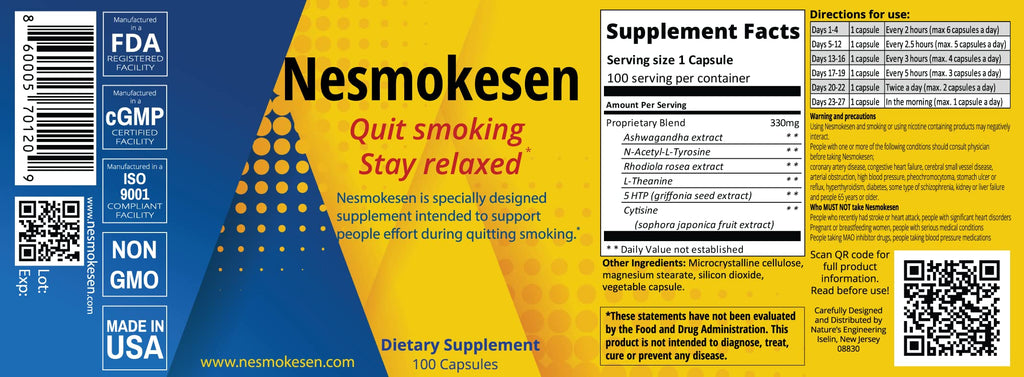 Nesmokesen - Quit Smoking Stay Relaxed, (100 Capsules / 27 Days Supply) Nature's EngineeringBuy Supplements Australia