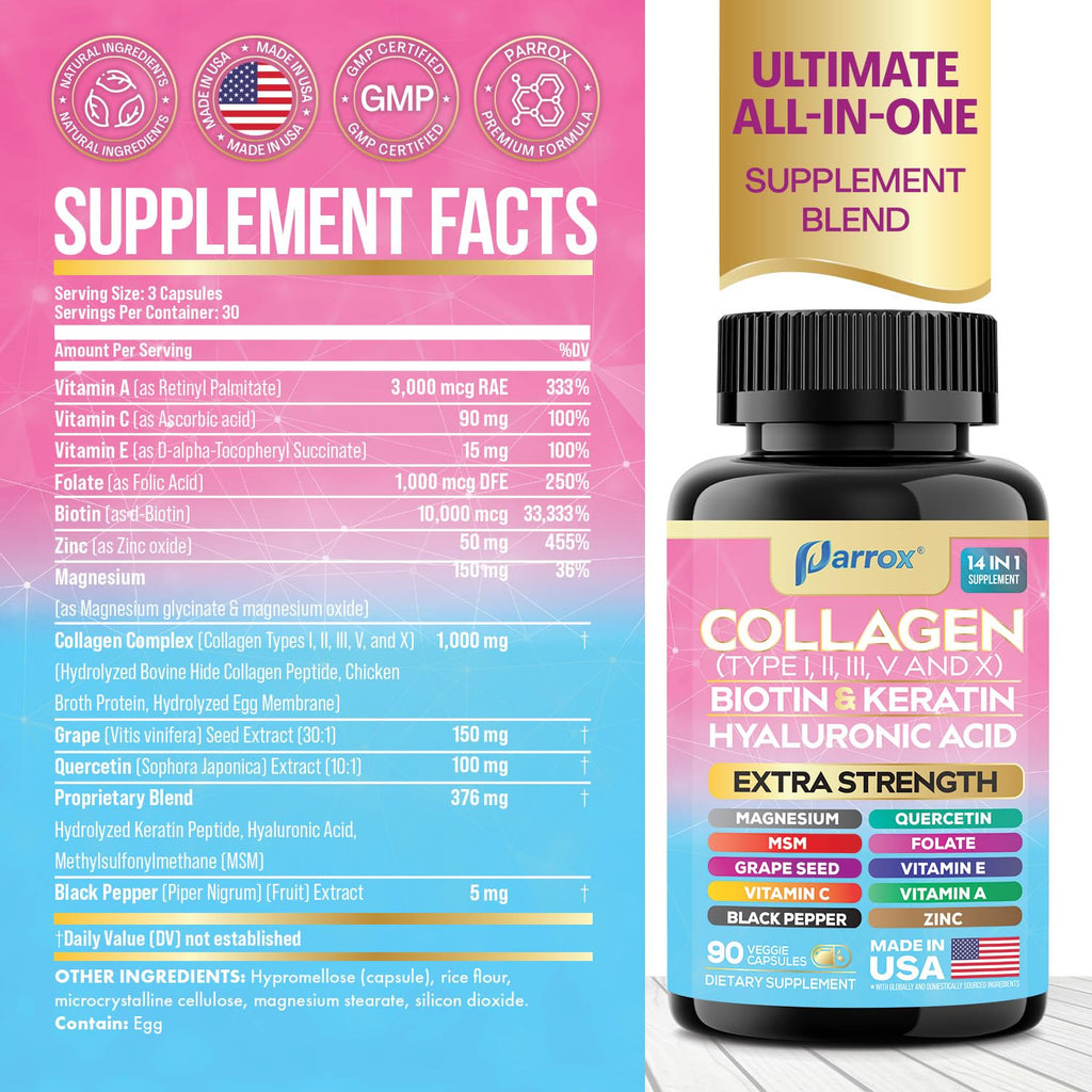Parrox Collagen Peptides Types I, II, III, V & X, MCG Biotin, Keratin, Hyaluronic Acid, MSM, Zinc, Grape Seed Extract, Quercetin, Vitamin A, Vitamin C,