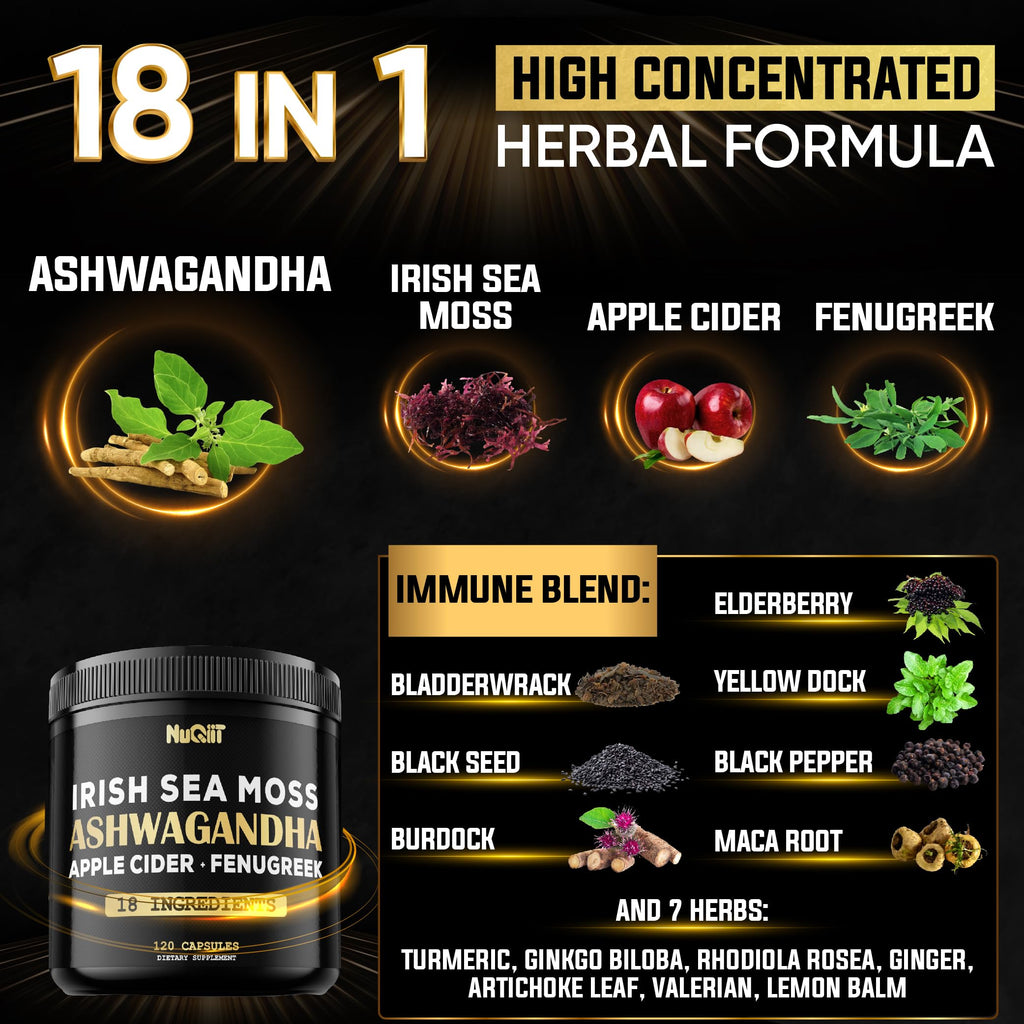 NUQIIT Organic Ashwangdha Capsules 15000mg Irish Sea Moss Apple Cider Vinegar & More - Support Brain Health, Strength & Immune System - 120 Vegan Capsules NUQIIT buy supplements Au