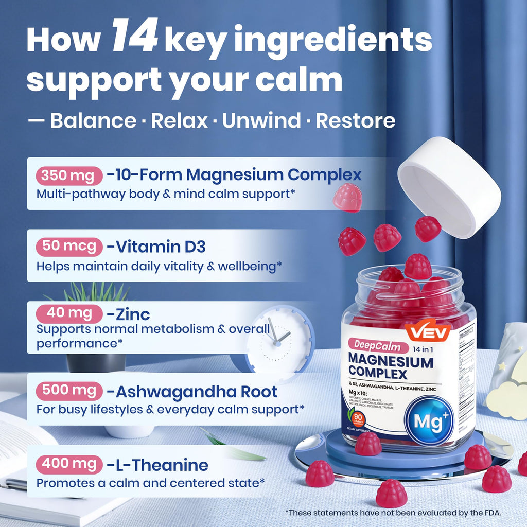 VEV Deep Calm Magnesium Complex 14-in-1 Gummies with Ashwagandha, L-Theanine, Vitamin D3 & Zinc for Women and Men, Vegan Magnesium Glycinate Gummies, 90 Gummies, Pack of 1 VEVBuy Supplements Australia