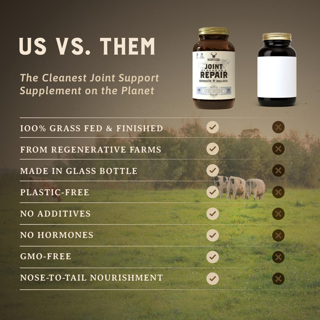 Heart & Soil 100% Grass Fed & Finished Joint Support Supplement from Regenerative Cattle with Trachea, Scapula & Bone Marrow – Supports Joint Strength & Mobility – 3000mg – Glass Bottle – 180 Capsules HEART & SOILBuy Supplements Australia