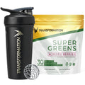 Black shaker bottle and Transformation Super Greens package on a white background