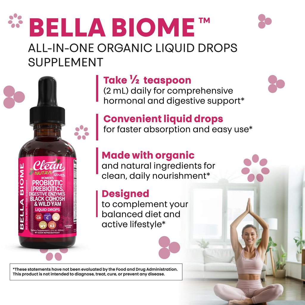 Liquid Probiotics for Women Drops with Chasteberry, Black Cohosh, Prebiotics, Digestive Enzymes, Evening Primrose Oil, Wild Yam, Cranberry Dmannose and Iron Vitamin D3 K2 Clean Nutra Bella Biotics Clean NutraceuticalsBuy Supplements Australia