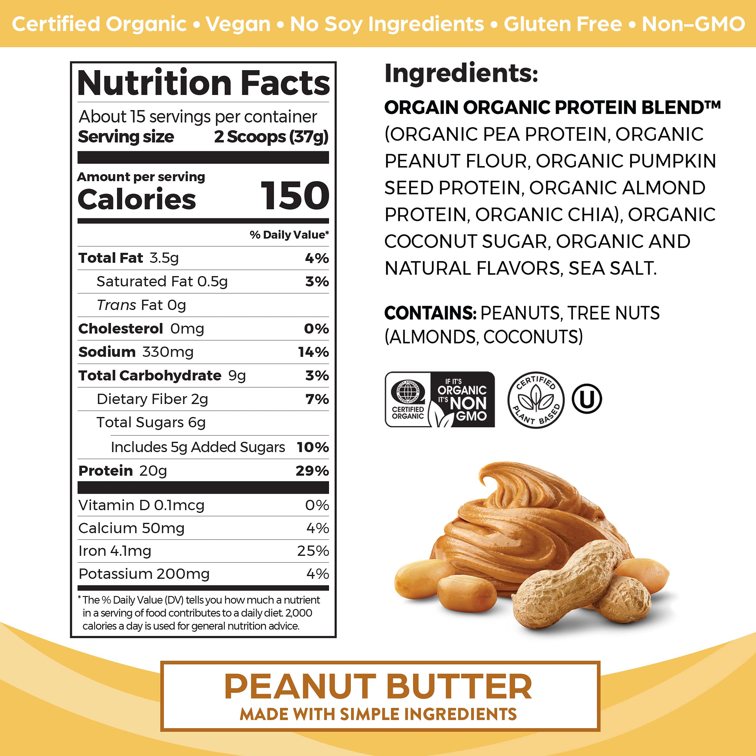 Orgain Organic Simple Vegan Protein Powder, Peanut Butter - 20g Plant Based Protein OrgainBuy Supplements Australia