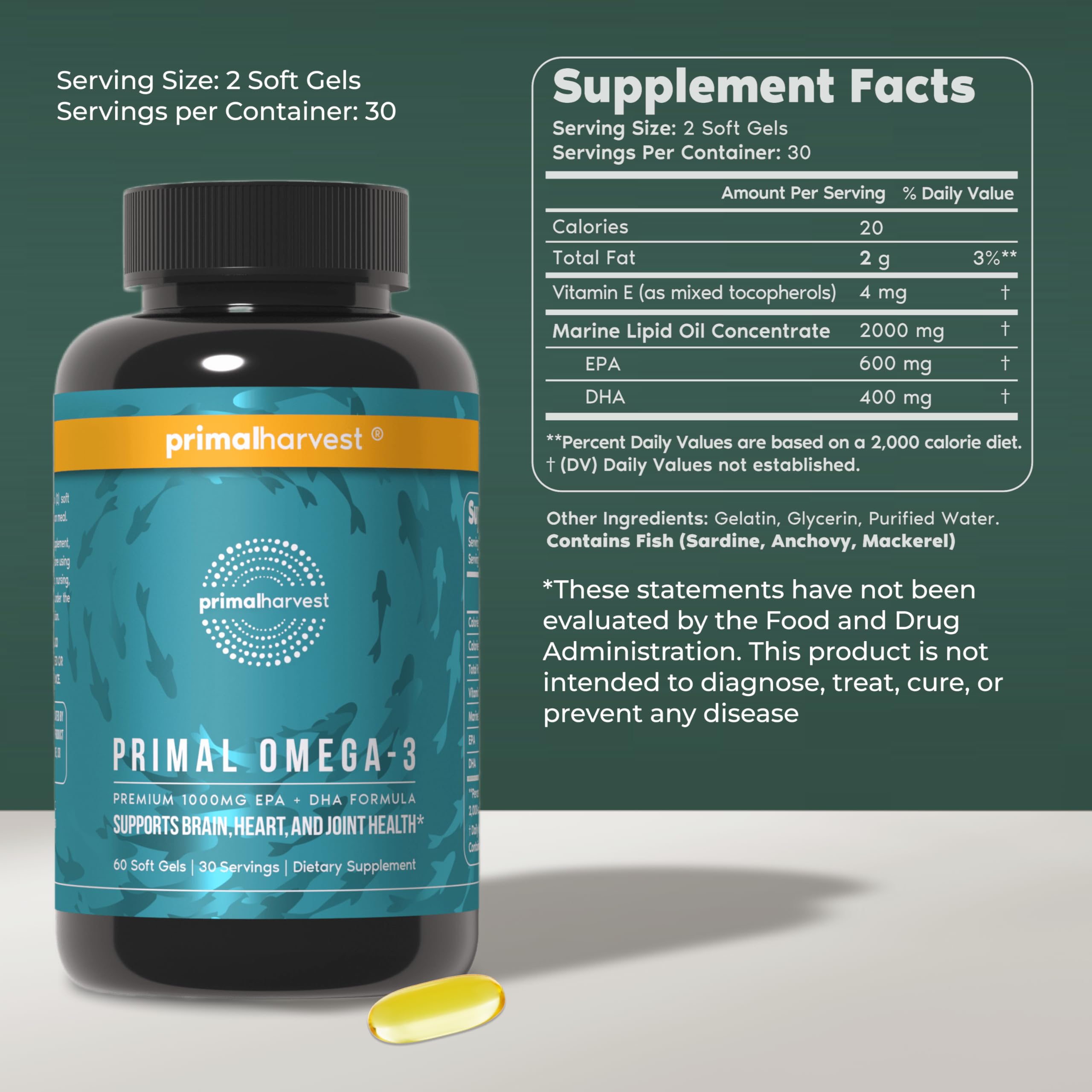 Primal Harvest Omega 3 Fish Oil Supplements, 30 Servings Soft Gels Capsules w/ 1000mg EPA + DHA Supplements