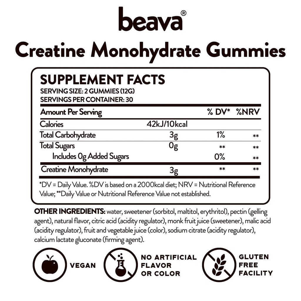 Creatine Monohydrate Gummies - 30 Servings - Vegan Creatine Chews for Muscle Growth, Muscle Recovery, Workout Recovery, Anaerobic Endurance - No Loading Phase - No Bloating - Strawberry - No Sugar beavaBuy Supplements Australia