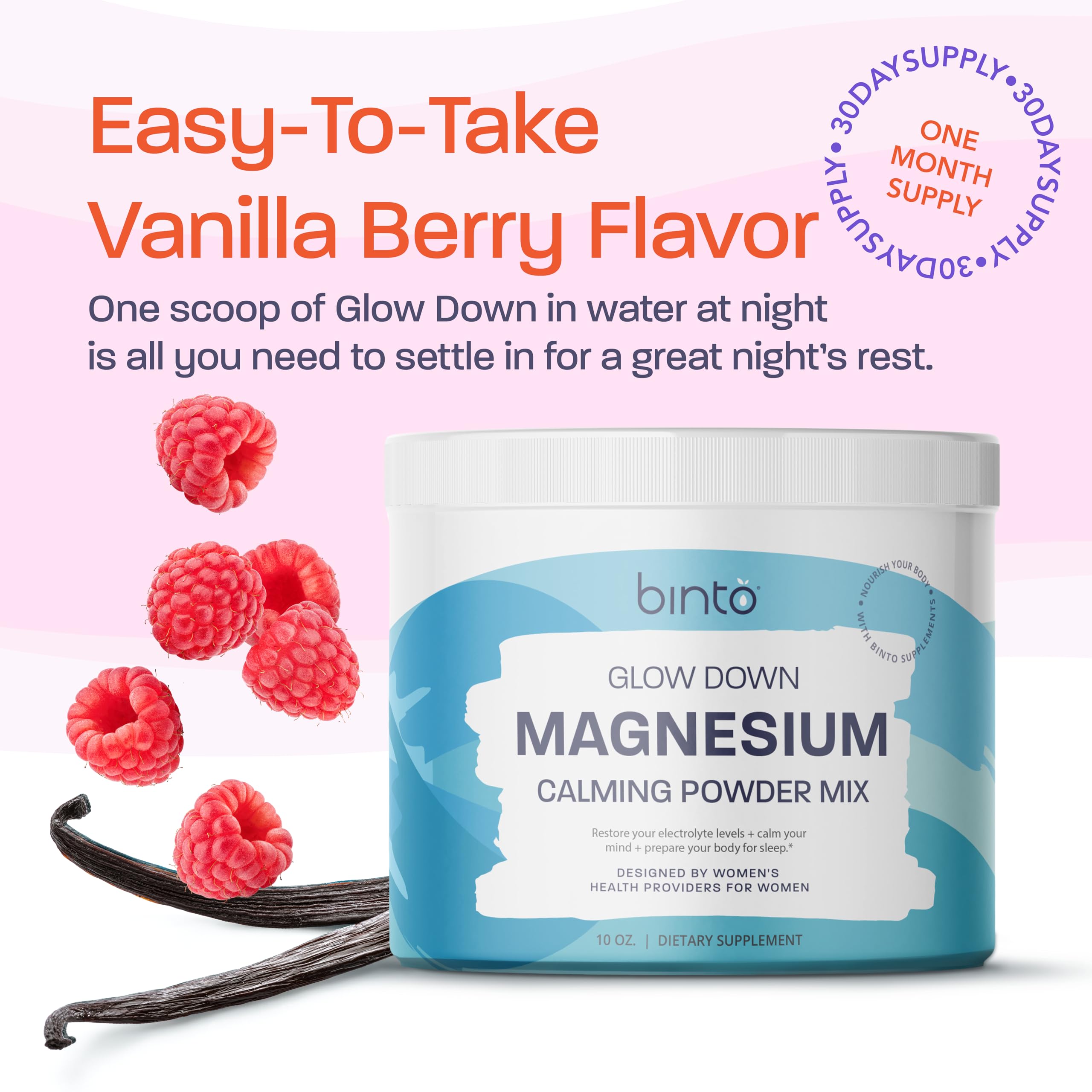 Binto Glow Down - Sleep Better & De-Stress with Our Berry Vanilla Magnesium Drink Mix, Made in USA, Sugar-Free, Preservative-Free, Gluten-Free Drink Mix (60 Day Supply) BintoBuy Supplements Australia