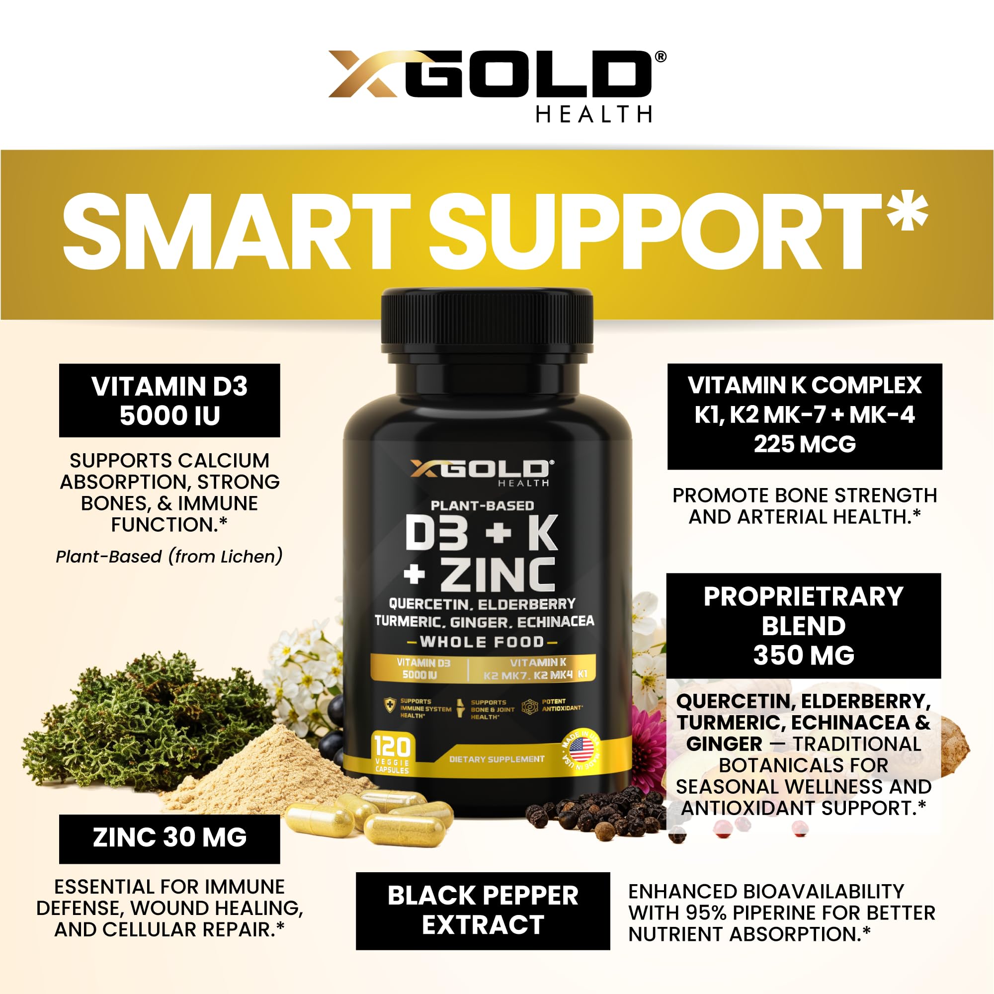 Vitamin D, K2, K1, Zinc, Quercetin, Elderberry, Turmeric, Ginger & Echinacea Whole Food Supplement 8 in 1- D3 5000 IU Plant-Based from Lichen, Vitamin K (K2 MK7, MK4, K1)