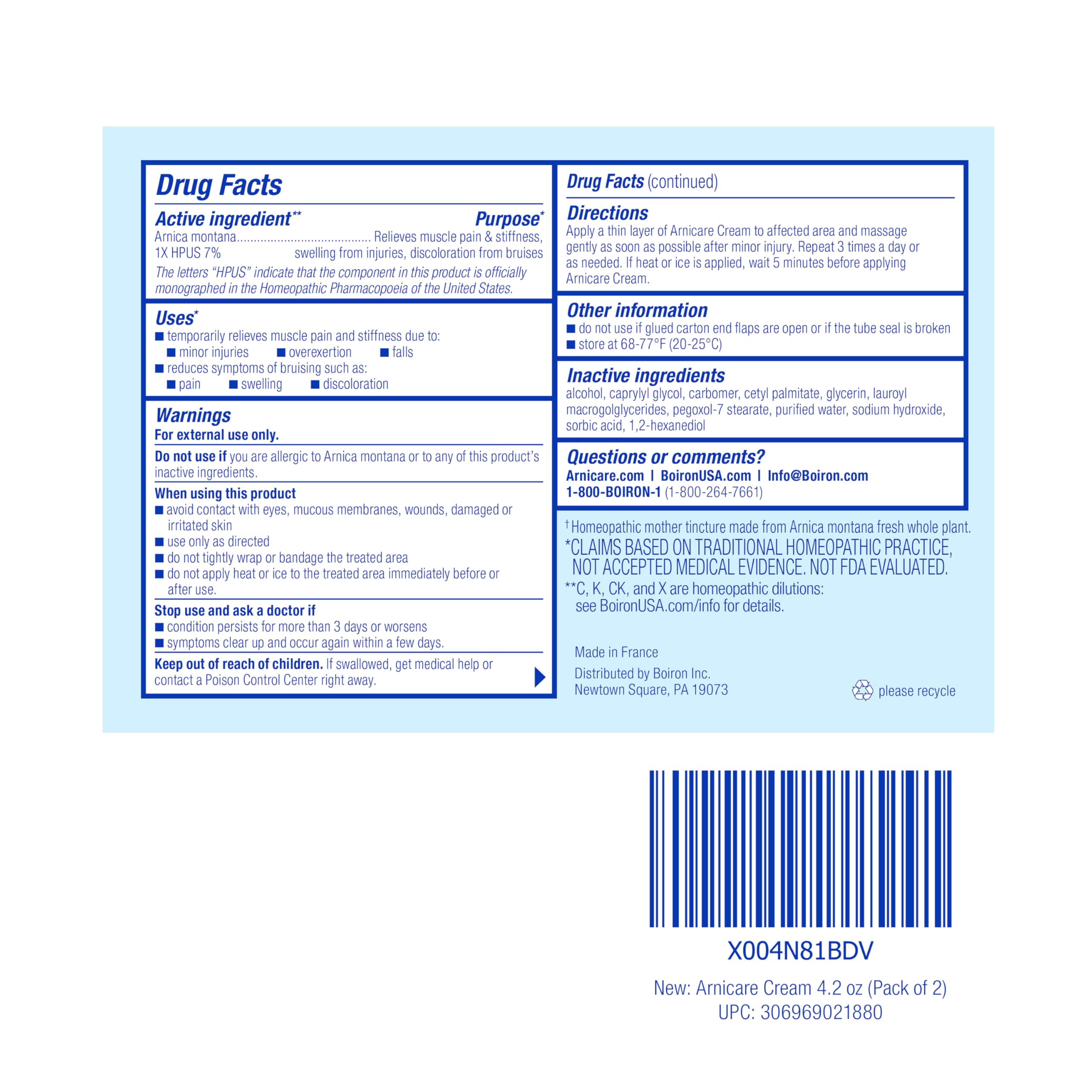 Boiron Arnicare Cream 4.2 oz (Twin Pack) for Joint Pain, Muscle Pain Relief, Swelling, Soreness, Stiffness, and Bruises - Fast Absorbing and Fragrance-Free Arnica BoironBuy Supplements Australia