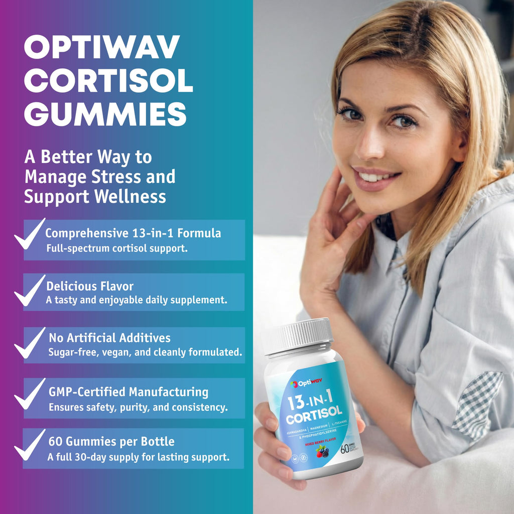 Optiwav Cortisol Reducer Gummies for Women Men - 13-in-1 Daily Cortisol Detox Manager Supports Stress Mood Balance Focus & Health Balance - Reduce High Cortisol with Ashwagandha Magnesium L-Theanine OptiwavBuy Supplements Australia