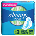 Always Maxi Feminine Pads For Women, Size 2 Long Super Absorbency, With Wings, Unscented, 60 Count