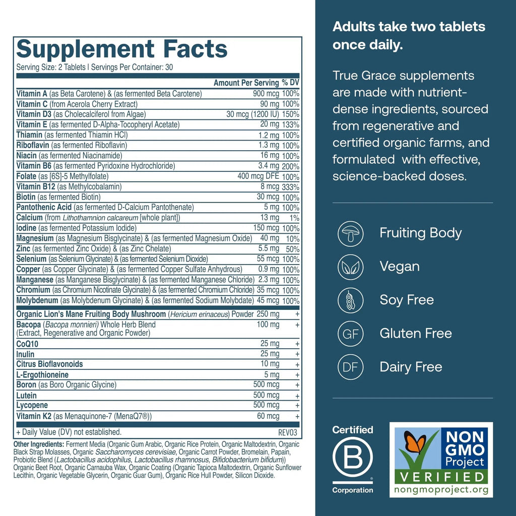 True Grace Daily Men’s Multivitamin 50+ - 60 Easy-to-Swallow Tablets - Immune, Energy, Longevity & Memory Support True Grace