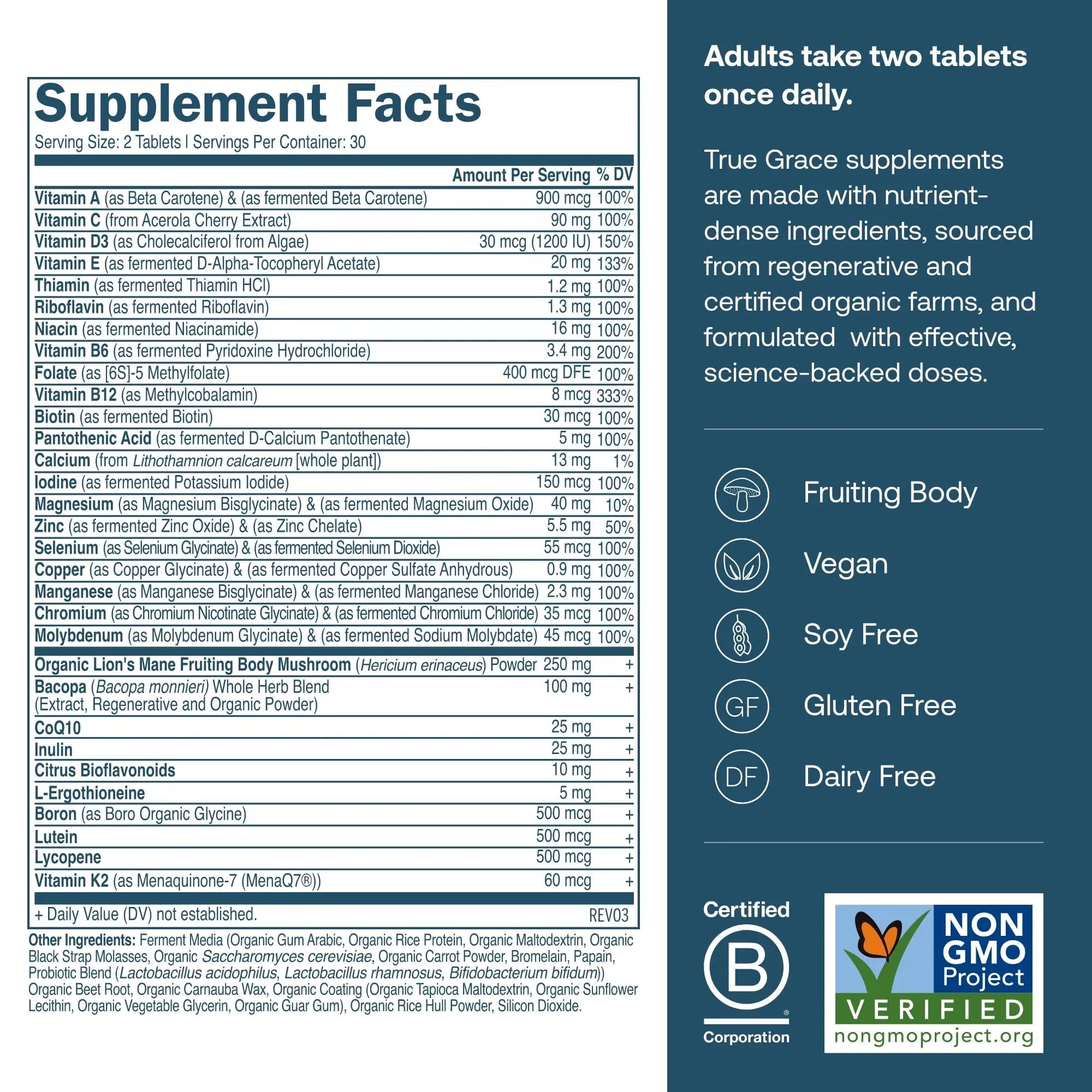 True Grace Daily Men’s Multivitamin 50+ - 60 Easy-to-Swallow Tablets - Immune, Energy, Longevity & Memory Support True Grace