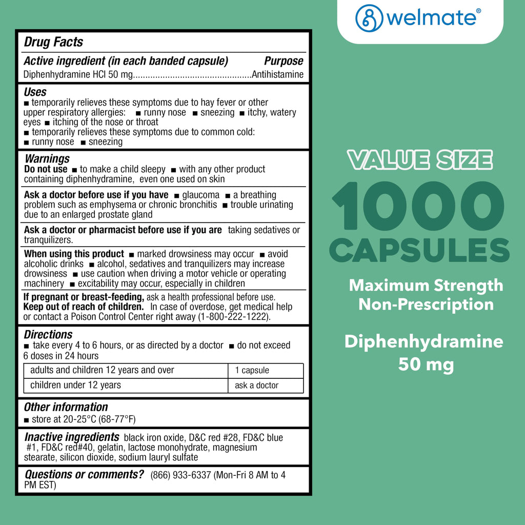 WELMATE Allergy Relief - Diphenhydramine 50 mg - 1000 Count Capsules - Antihistamine - Allergy & Cold Symptoms - Sneezing, Runny Nose, Itchy Eyes & Throat WELMATE buy supplements Au