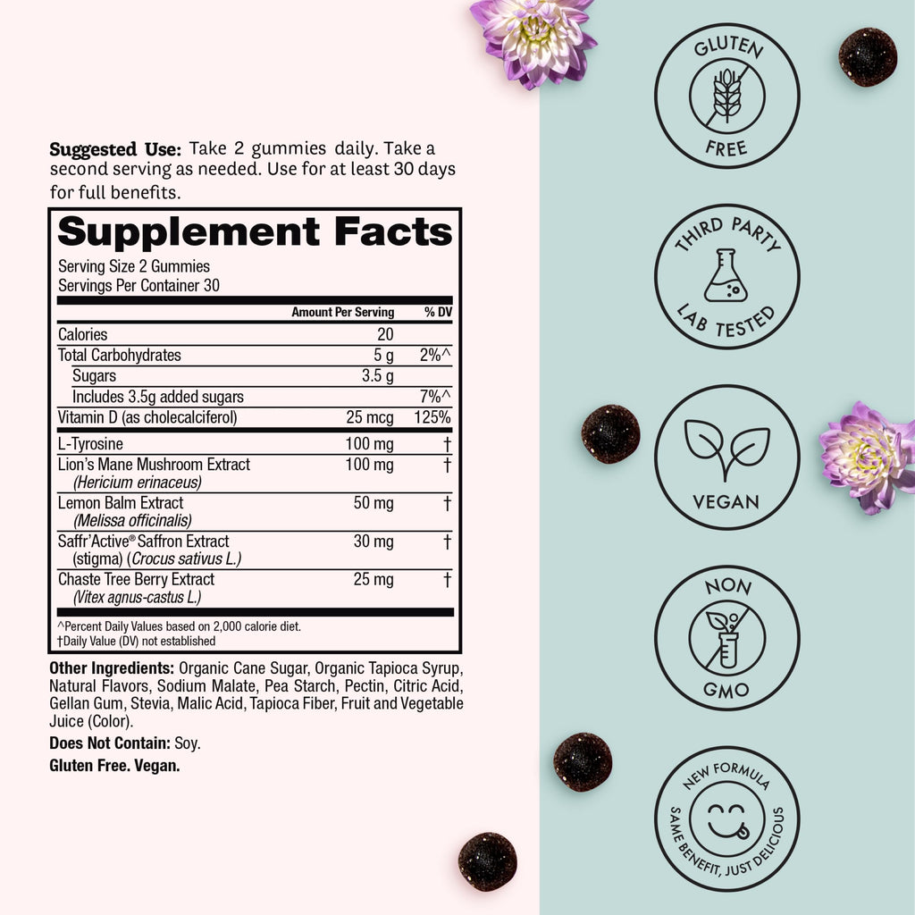 Winged Wellness Happy Her Mood Gummies - Daily Mood Enhancer Support Supplement for Women - Vitamin D with Saffron, Lemon Balm, & Lions Mane Mushrooms for Balance & Calming Relief - 50 Vegan Gummies WingedBuy Supplements Australia