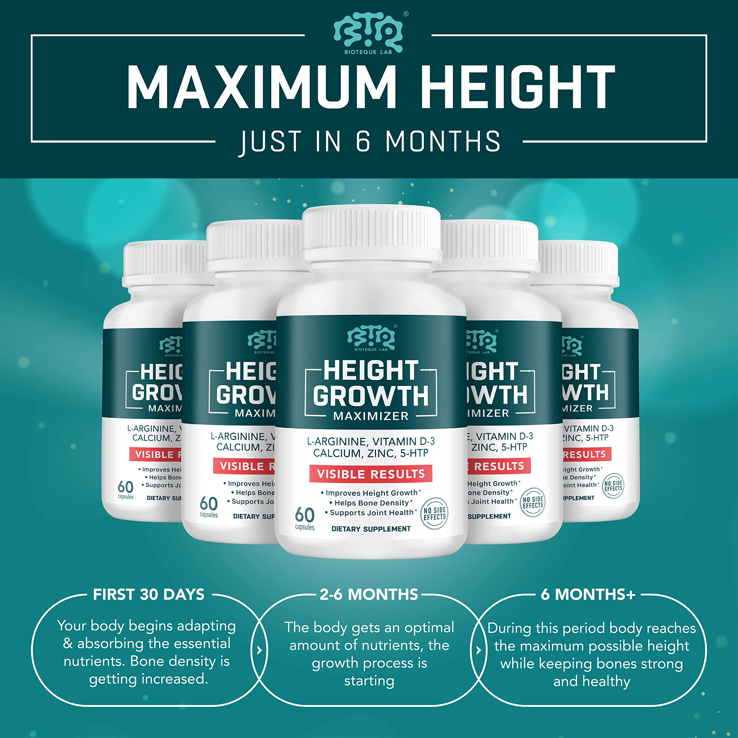 BIOTEQUELAB Height Growth Maximizer, Calcium, Vitamin D3 and Zinc Blend Pills, Bone Growth Supplement for Kids and Teens, Bone Strength, Density Support, GMO-Free, Gluten-Free, Made in USA, 60 Caps BTQ BIOTEQUE LABBuy Supplements Australia