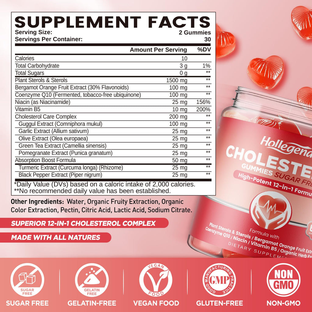 HOLLEGEND Cholesterol Gummies Sugar-Free,12-in-1 Cholesterol Supplements with Plant Sterols,Citrus Bergamot,CoQ10 and Vitamins for Cholesterol Health, Vegan, Mixed Berry Flavor, 60 Counts HOLLEGENDBuy Supplements Australia
