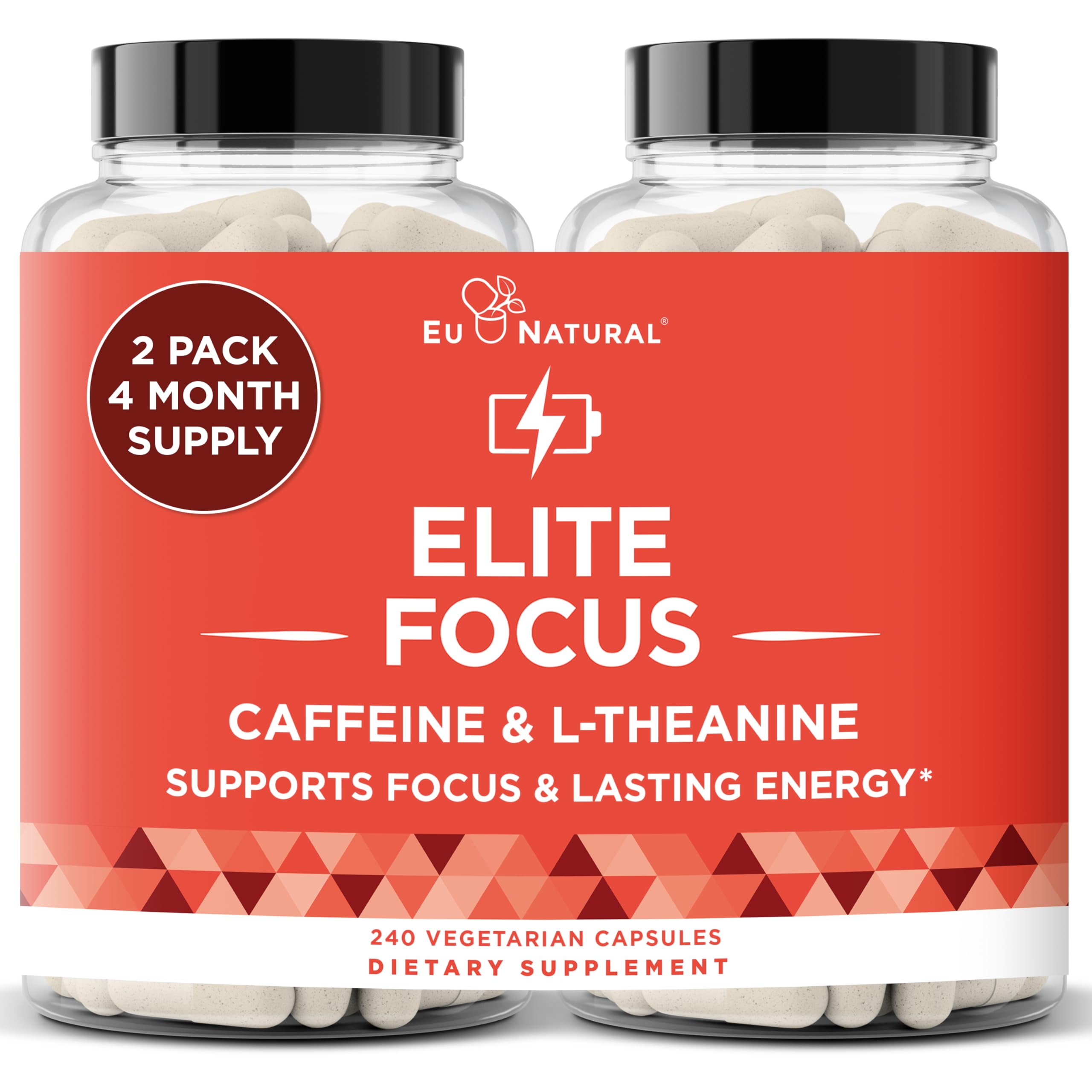 Eu Natural Elite Caffeine Pills with L-Theanine - 100mg Caffeine + 200mg L-Theanine - Jitter-Free Focused Energy & Clean Nootropic Stack - 240 Soft Capsules Eu NaturalBuy Supplements Australia
