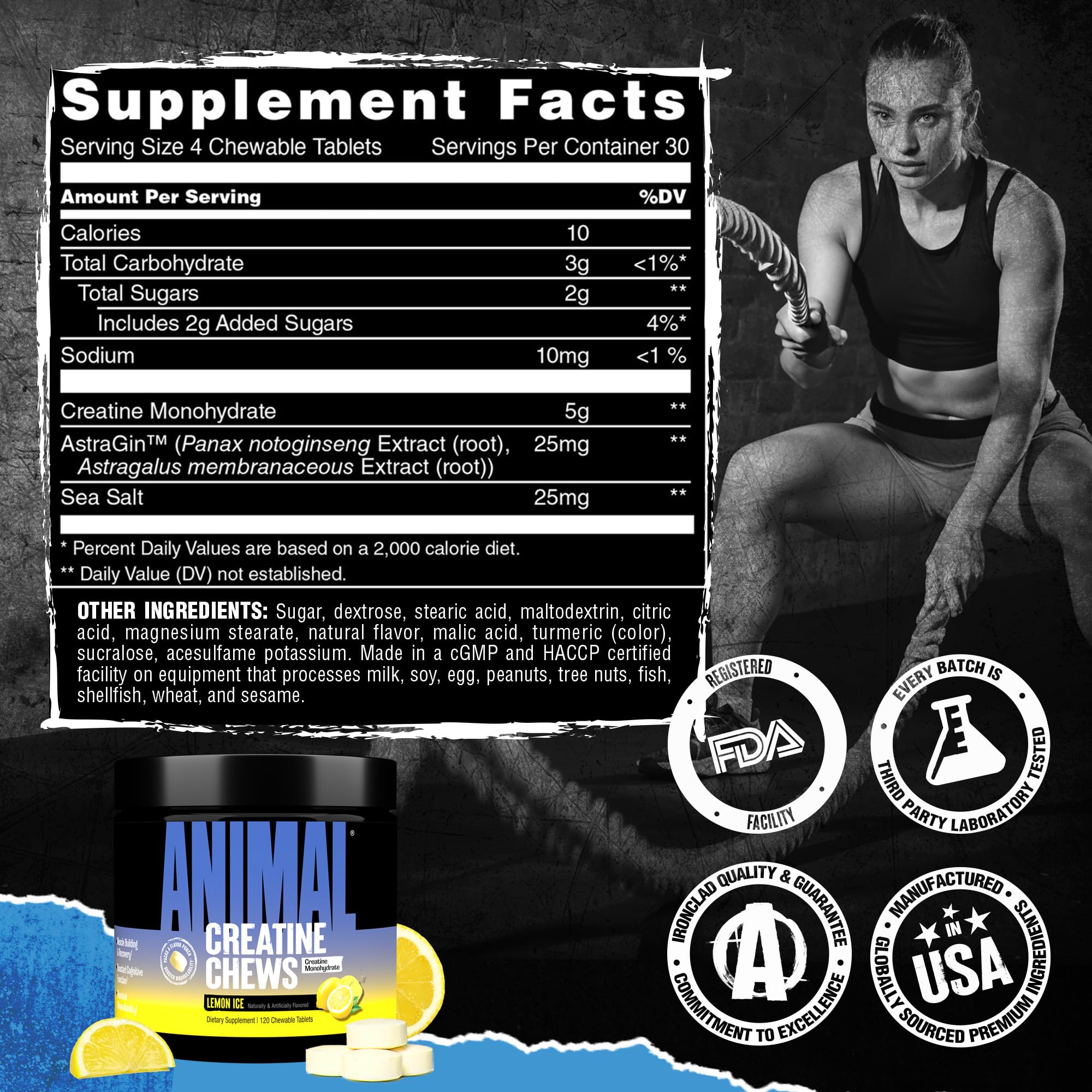 Animal Creatine Chews Tablets - Enhanced Creatine Monohydrate with AstraGin to Improve Absorption, Sea Salt for Added Pumps, Delicious and Convenient Chewable Tablets - Lemon Ice AnimalBuy Supplements Australia