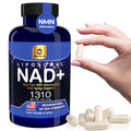 Bottle of Liposomal NAD+ supplement with capsules and a hand holding a capsule on a white background