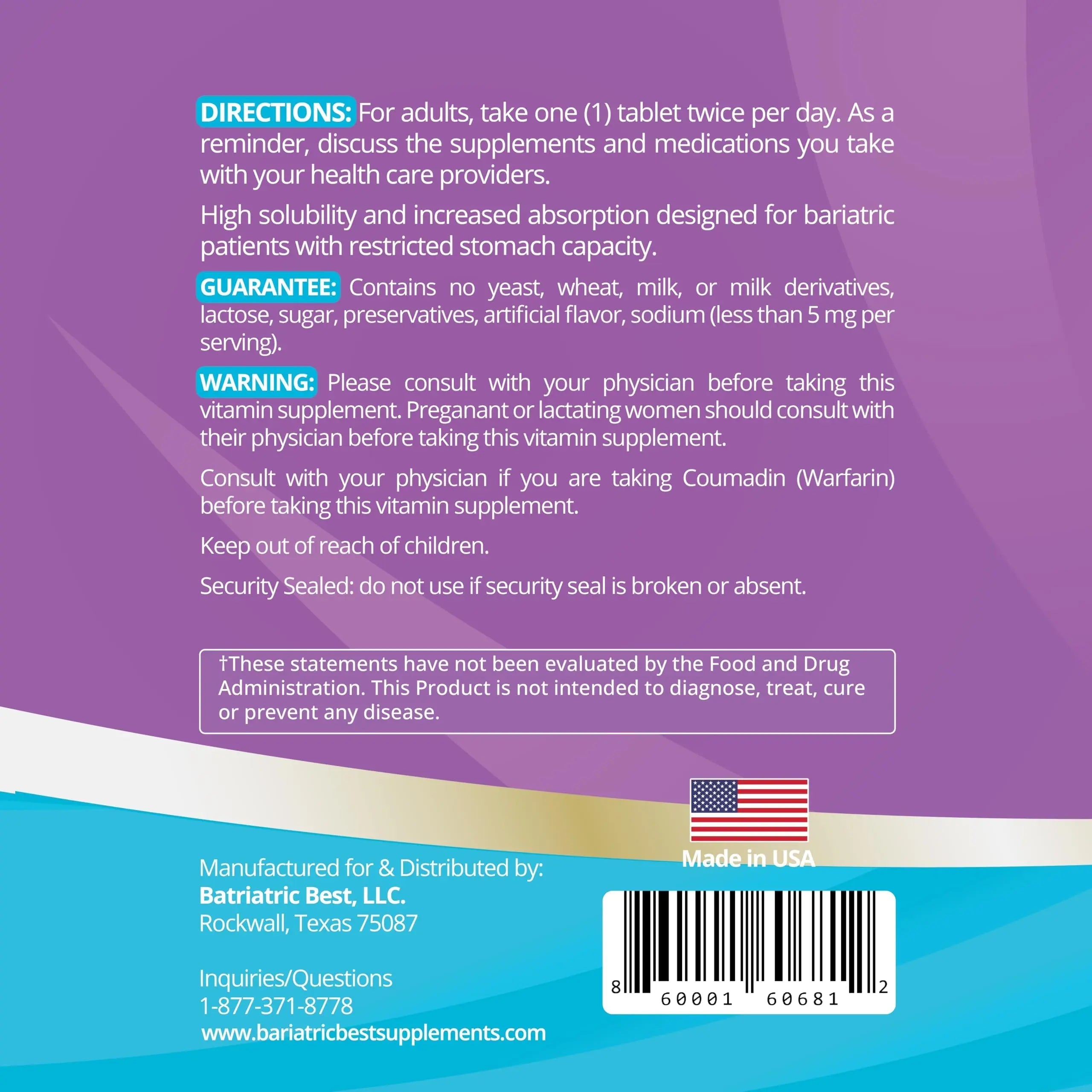 High A D E K Bariatric Multivitamin for Post DS/SADI Surgery, 25 Essential Nutrients for Post-Weight Loss Surgery, 60 Tablets Bariatric Best Supplements