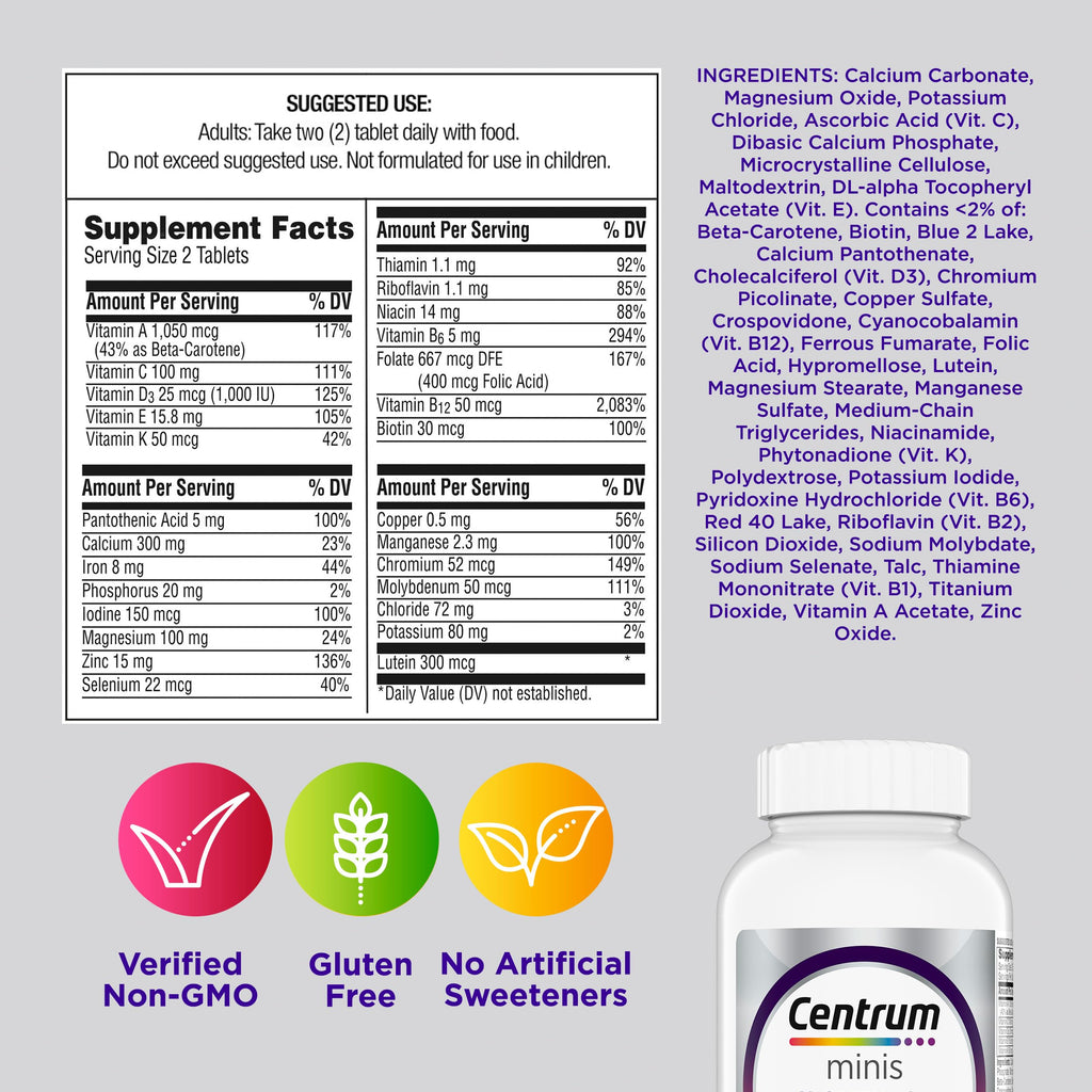 Centrum Minis Silver Women's Multivitamin for Women 50 Plus, Multimineral Supplement with Vitamin D3, B Vitamins, Non-GMO Ingredients