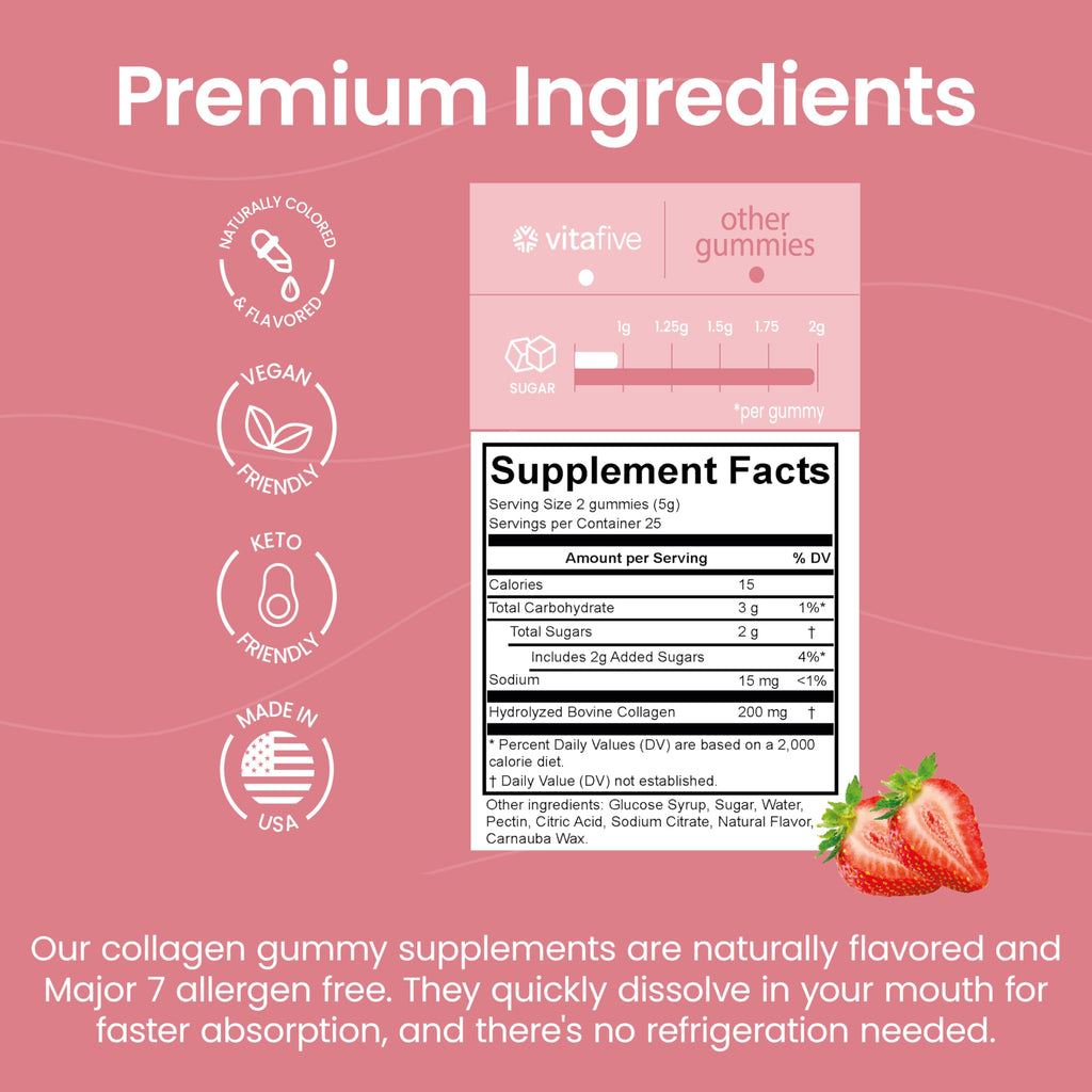 vitafive Collagen Gummies for Men and Women, Bovine Collagen, Collagen Gummy for Hair, Skin, and Connective Tissue Support, Gluten Free (50 Ct) vitafive buy supplements Au