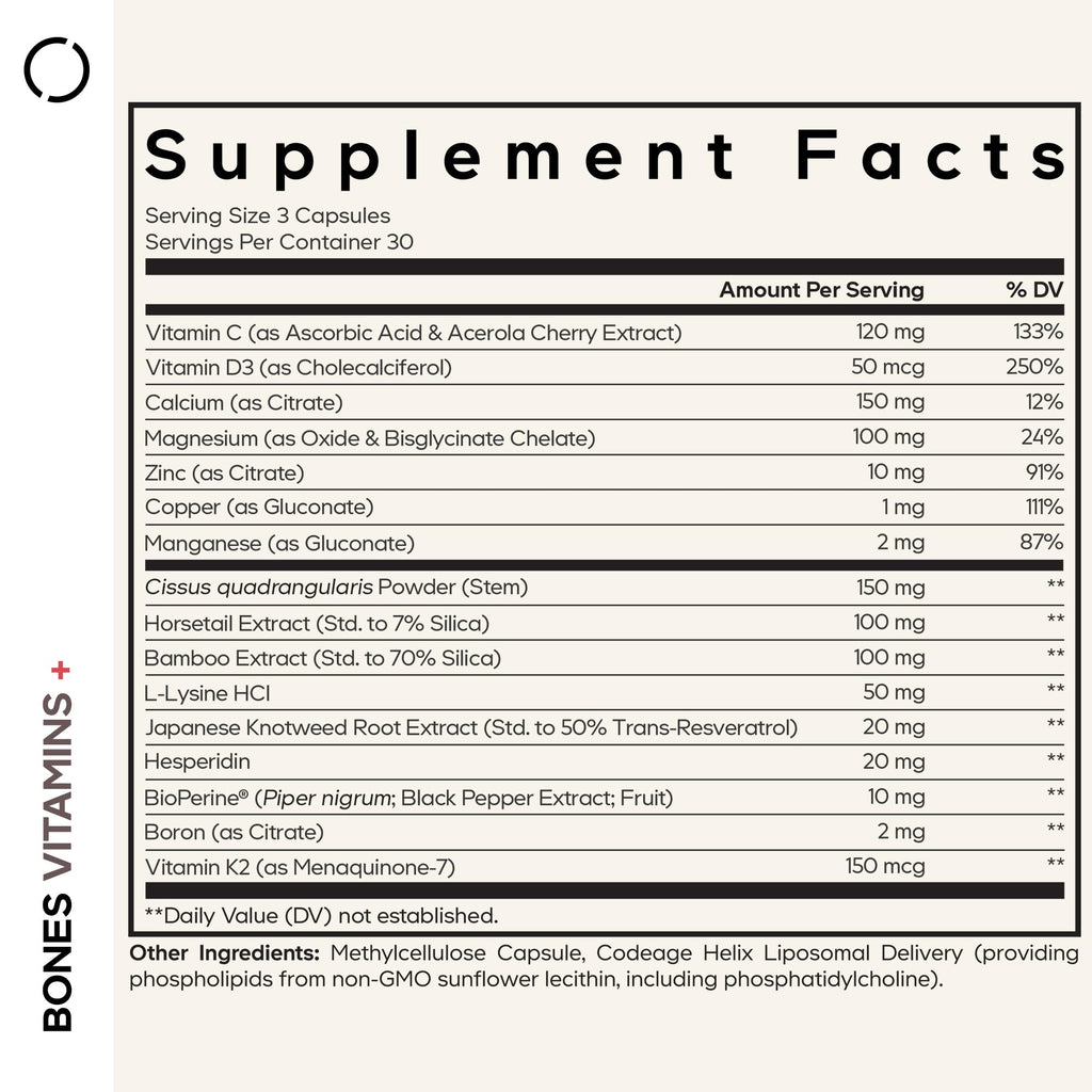 Codeage Bones Vitamins+ - Vitamin D3 & K2, Vitamin C, Calcium, Magnesium, Zinc, Hesperidin, L-Lysine, Manganese, Bamboo, Horsetail, Cissus, Boron, Trans-Resveratrol, Non-GMO Supplement - 90 Capsules CodeageBuy Supplements Australia