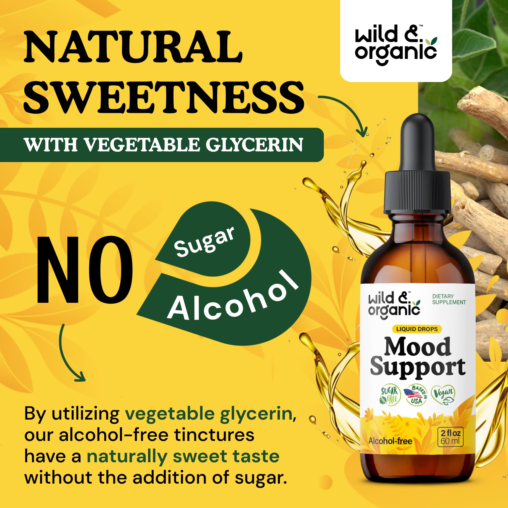 Wild & Organic Mood Support Drops - Good Mood Supplements w/Ashwagandha Root & Rhodiola Rosea - Natural Liquid Drops for Positive Energy - Calm and Relax Supplements for Women and Men - 2 oz Wild & Organic buy supplements Au