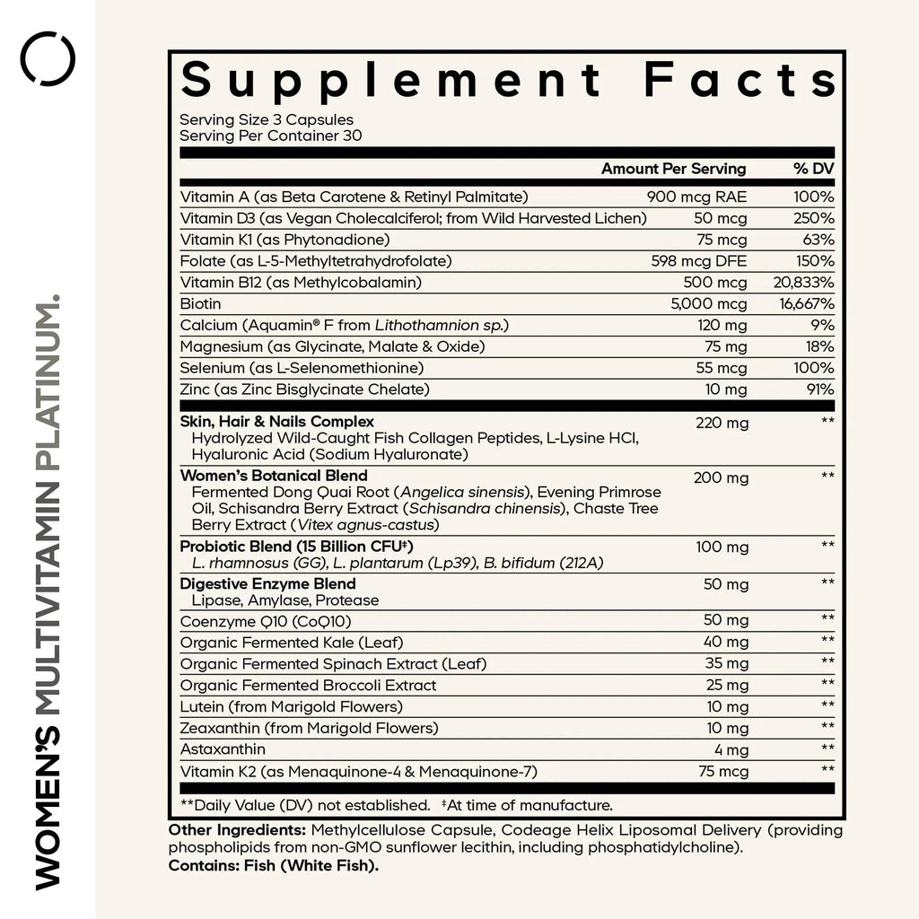 Codeage Women’s Multivitamin Platinum - Vitamins A D3 K1 K2 B12 & Minerals, CoQ10, Skin, Hair & Nails Complex, Collagen, Botanicals, Probiotics Codeage