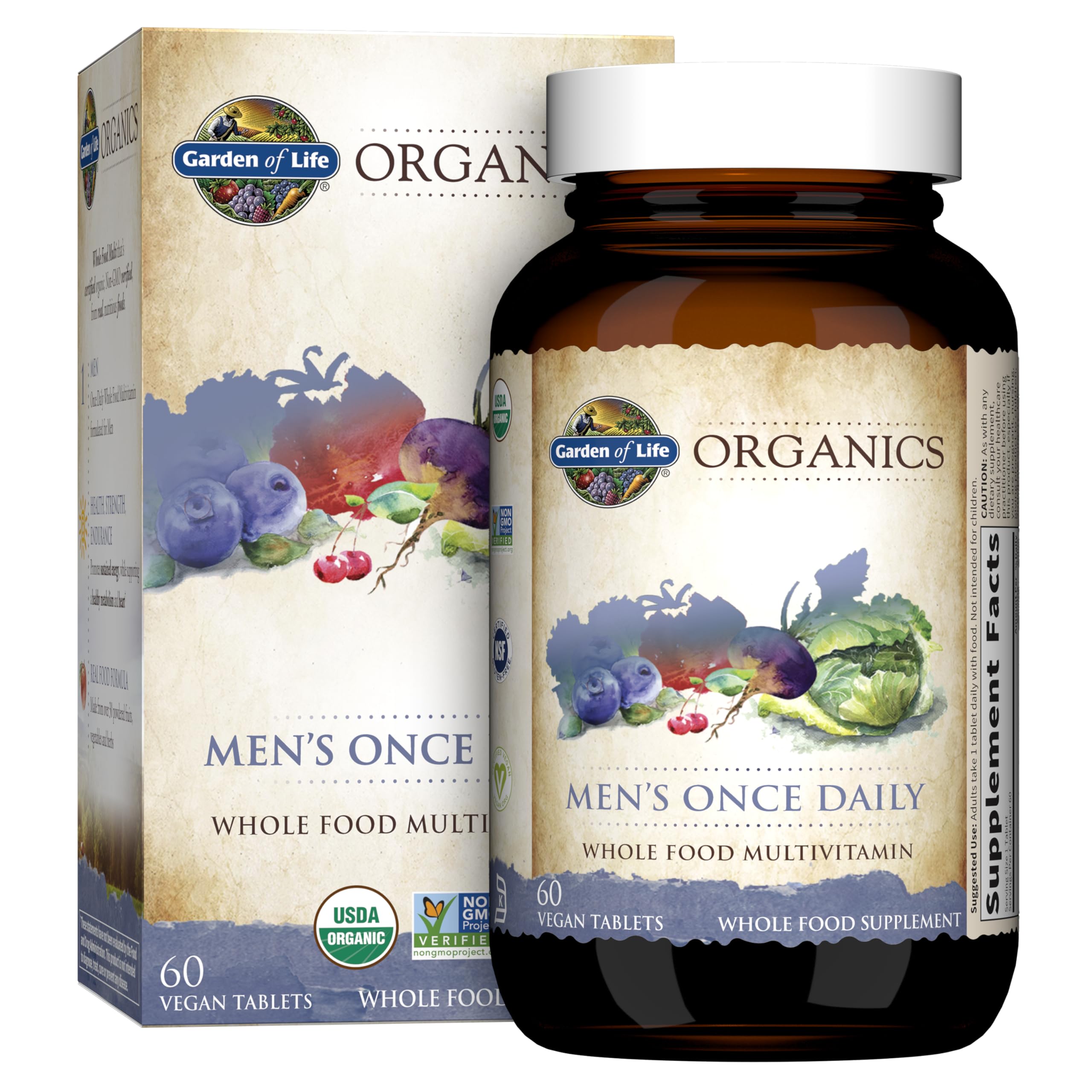 Garden of Life Organics Men's Once Daily multivitamin bottle and packaging on a white background