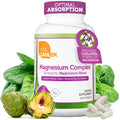 Supplement bottle labeled 'Zahler Magnesium Complex' with spinach and artichoke on a white background