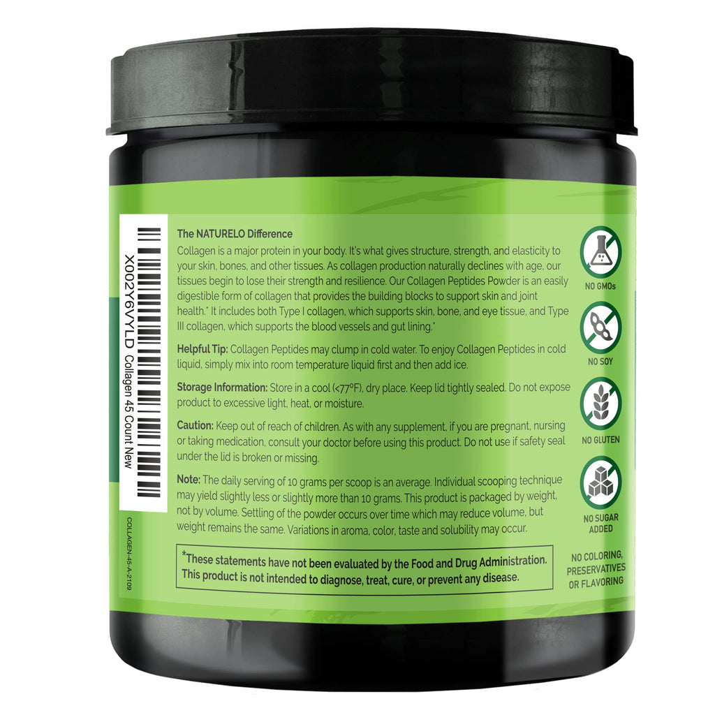 NATURELO Collagen Peptide Powder, Hydrolyzed Collagen Type I & III, Skin Hair & Joint Health - Unflavored, 16 Ounces | 45 Servings