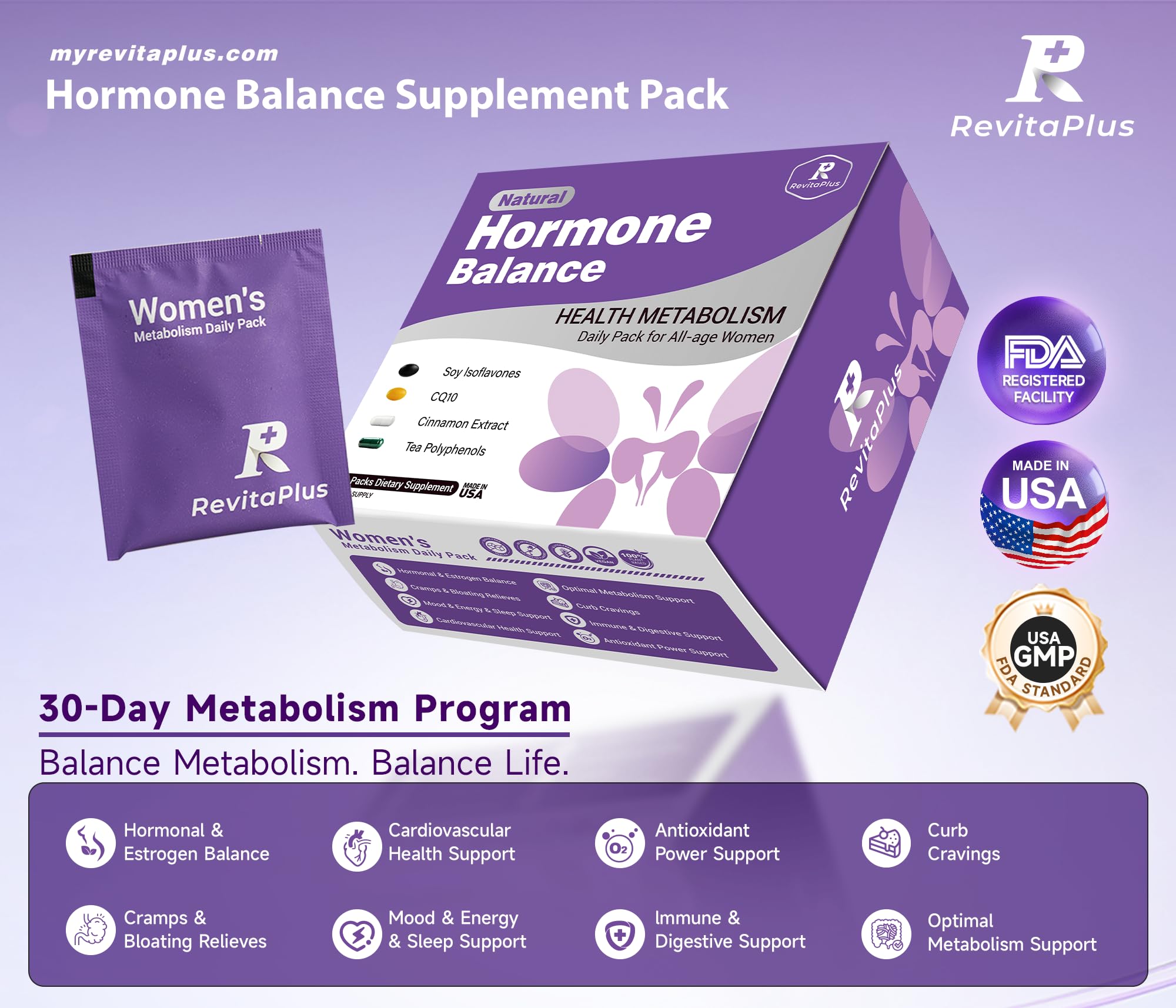 Natural Hormone Balance for Women, Menopause Supplements for Women with Evening Primrose Oil,CoQ10,Soy Isoflavones, Daily Pack Supports Peri+Menopause+Post, PMS,Metabolism,Mood,Energy 30Packs RevitaPlusBuy Supplements Australia